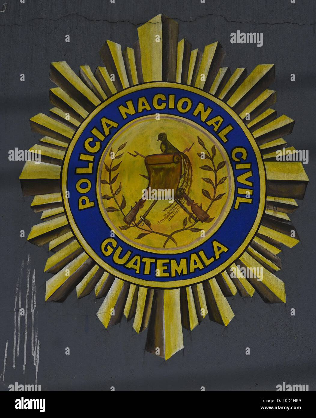 Logo of the Policía Nacional Civil, the police force of Guatemala seen in the village of La Mesilla, that lies close to the border with Mexico. On Friday, March 4 , 2022, in La Mesilla, La Democracia municipality, Guatemala. (Photo by Artur Widak/NurPhoto) Stock Photo