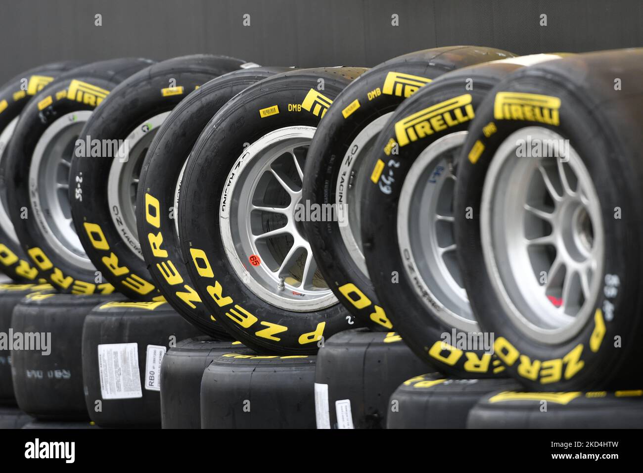 Scarperia, Italy, 21 October 2022 Yellow Pirelli tires mounted on