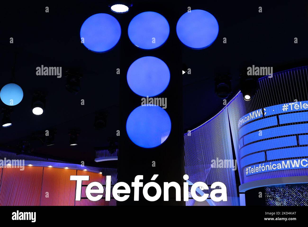 Telefnica logo exhibited at Telefnica stand during the Mobile World Congress (MWC) the biggest trade show of the sector focused on mobile devices, 5G, IOT, AI and big data, celebrated in Barcelona, on March 3, 2022 in Barcelona, Spain. (Photo by Joan Cros/NurPhoto) Stock Photo