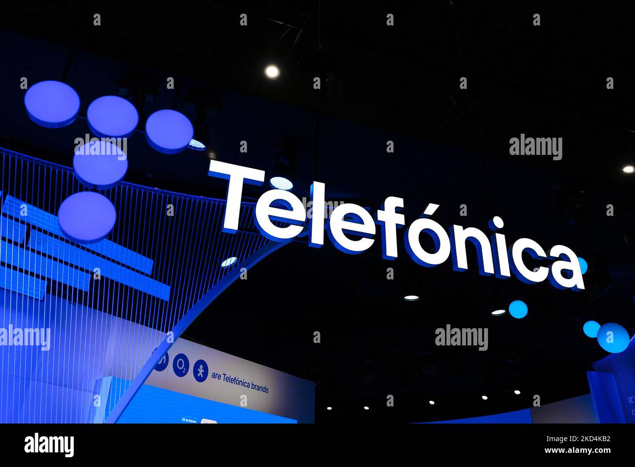 Telefnica logo exhibited at Telefnica stand during the Mobile World Congress (MWC) the biggest trade show of the sector focused on mobile devices, 5G, IOT, AI and big data, celebrated in Barcelona, on March 3, 2022 in Barcelona, Spain. (Photo by Joan Cros/NurPhoto) Stock Photo