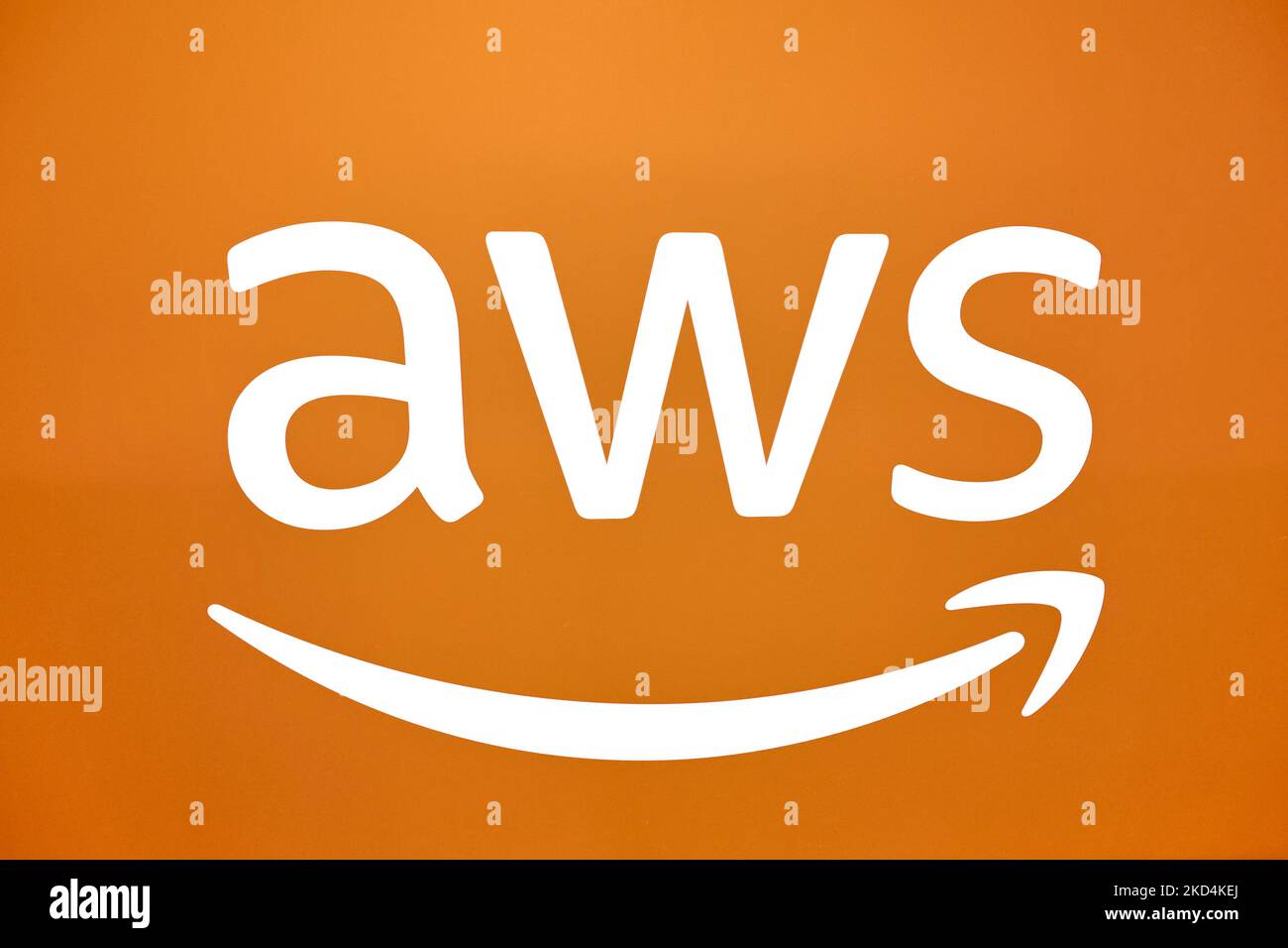 Amazon AWS logo exhibited at Amazon stand during the Mobile World Congress (MWC) the biggest trade show of the sector focused on mobile devices, 5G, IOT, AI and big data, celebrated in Barcelona, on March 3, 2022 in Barcelona, Spain. (Photo by Joan Cros/NurPhoto) Stock Photo