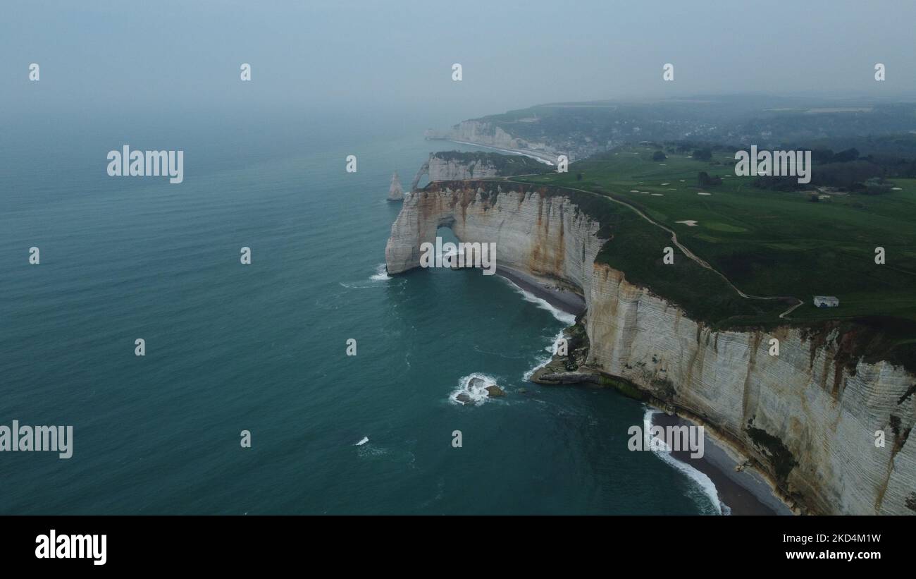 An aerial view of the beautiful coast of Falaise d'Aval in Etretat
