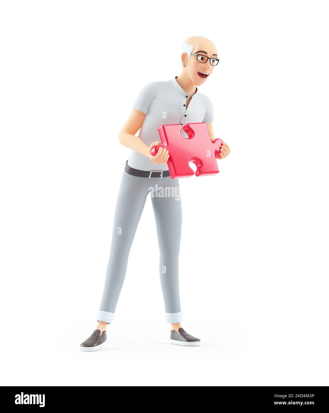 3d happy senior man holding piece of puzzle, illustration isolated on white background Stock Photo