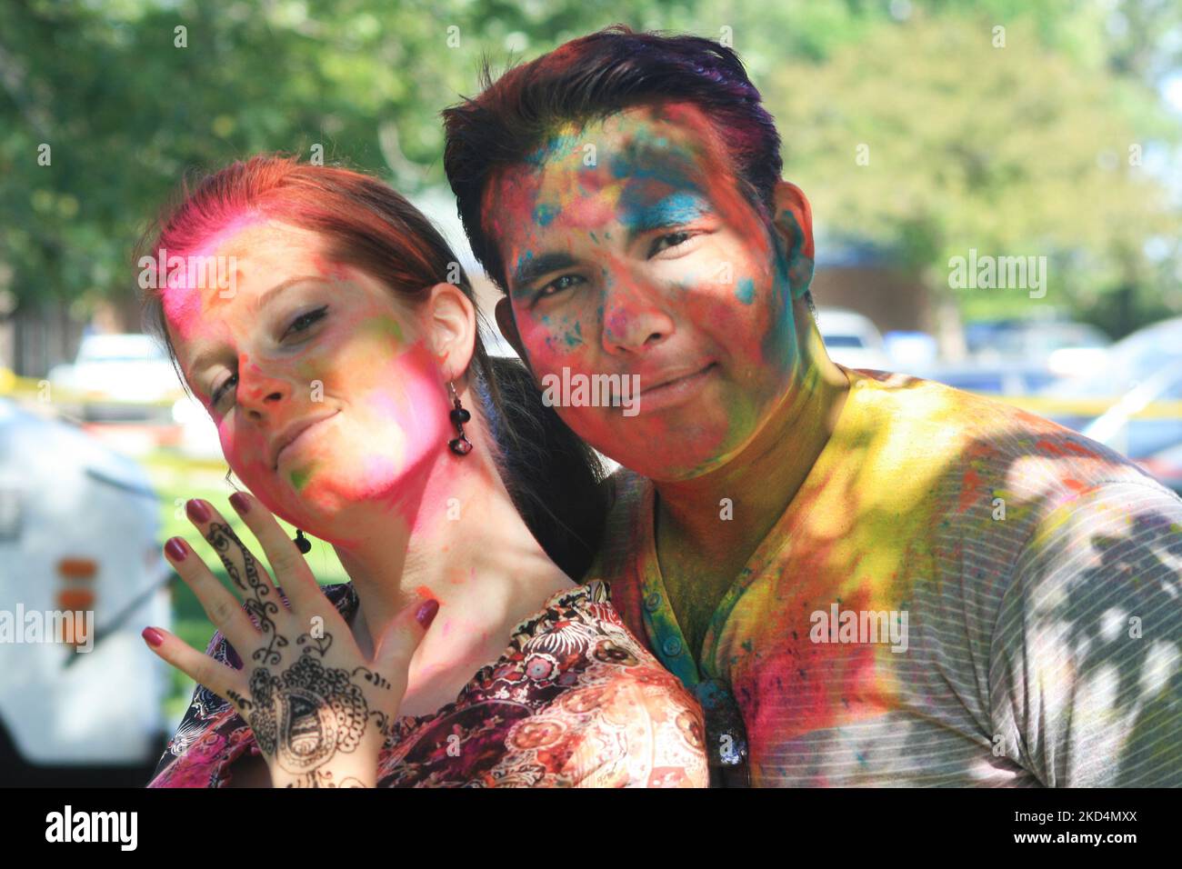 A multiracial couple show off their colours during the Hindu festival