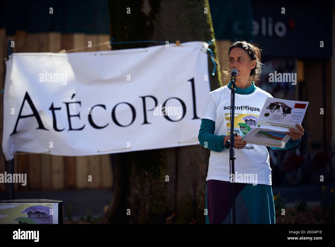 A geologist specialized in mining explains the ressources needed to make our connected world. XR France (Extinction Rebellion France) organize this week in Toulouse in collaboration with ATECOPOL events, conferences and die-in to raise awareness about the last report of the IPCC published last week and titled 'Climate Change: Impacts, Adaptation and Vulnerability'. Atecopol is a group of scientists coming from every discipline who want to inform citizens about science, technology and their consequences, their feasibility. ATECOPOL means 'Workshop of political ecology'. Toulouse. France. March  Stock Photo