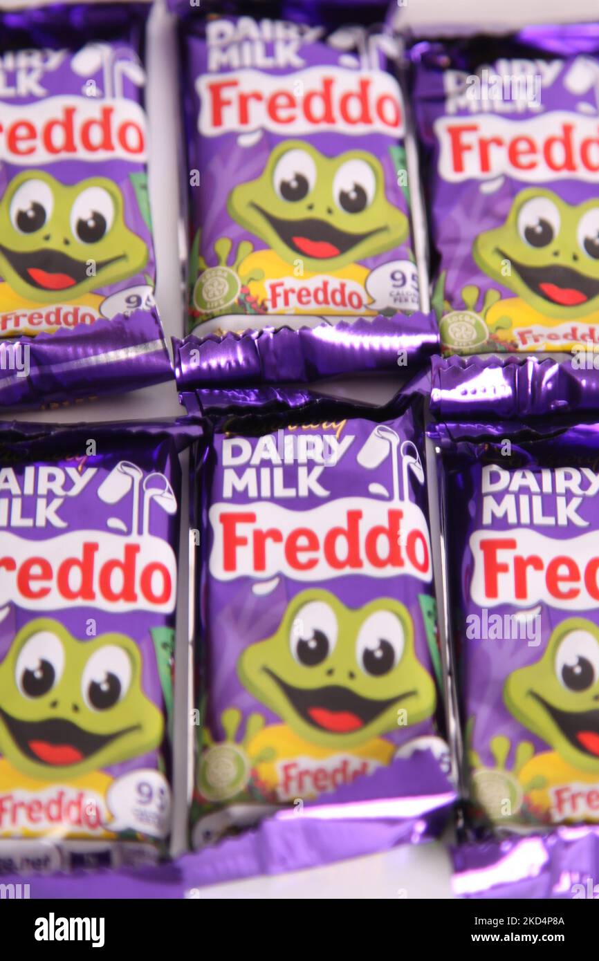 Cadbury Dairy Milk Freddo chocolate bars on white background, bar of chocolate Freddos Stock Photo