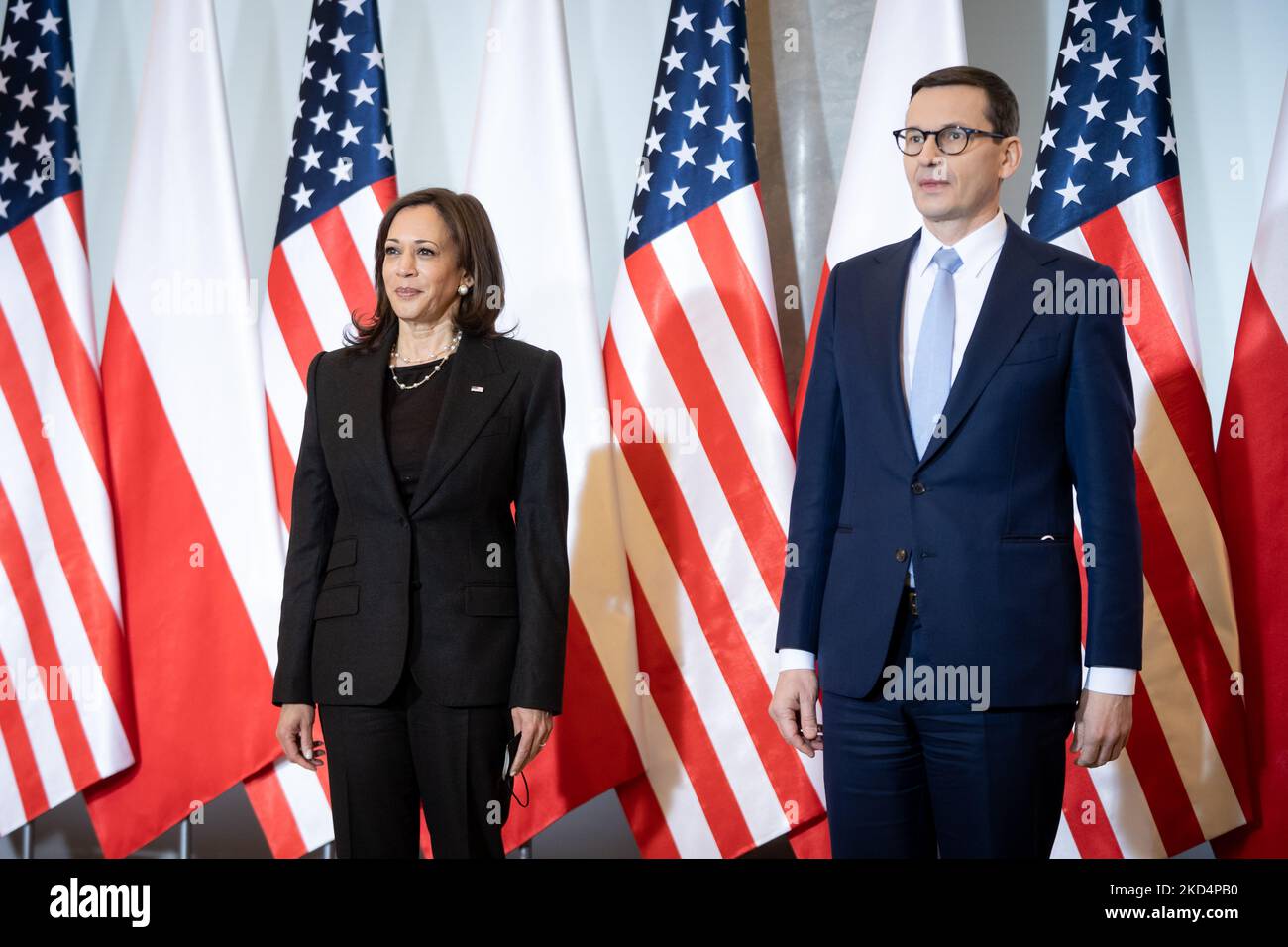 U.S. Vice President Kamala Harris meets Polish Prime Minister Mateusz Morawiecki at the Chancellery in Warsaw, Poland, on March 10, 2022. (Photo by Mateusz Wlodarczyk/NurPhoto) Stock Photo