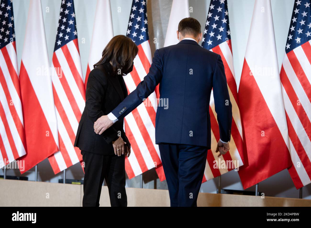 U.S. Vice President Kamala Harris meets Polish Prime Minister Mateusz Morawiecki at the Chancellery in Warsaw, Poland, on March 10, 2022. (Photo by Mateusz Wlodarczyk/NurPhoto) Stock Photo