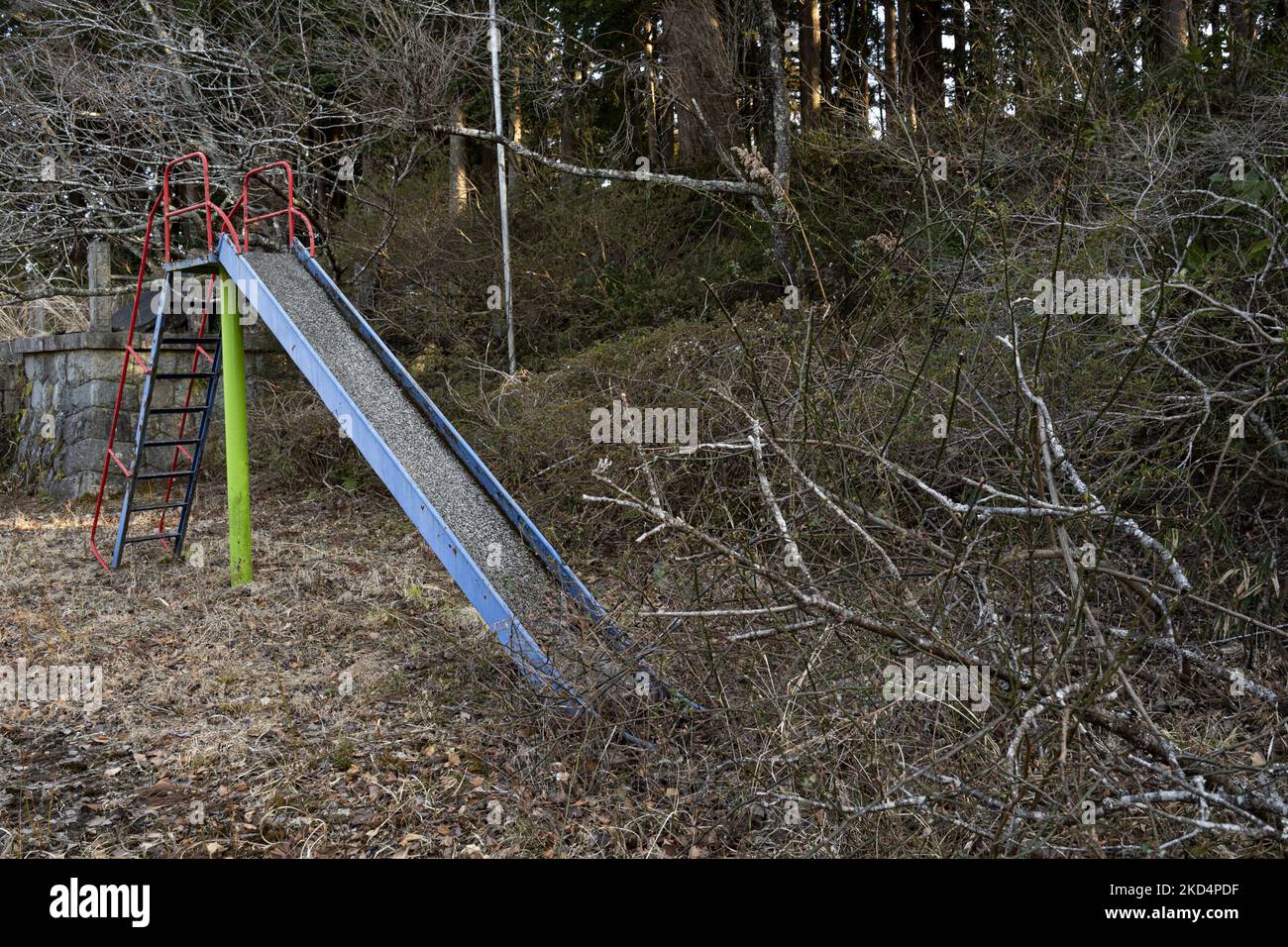 An abandoned playground equipment at Futaba in Fukushima prefecture on Mar 10, 2022. (Photo by Yusuke Harada/NurPhoto) Stock Photo