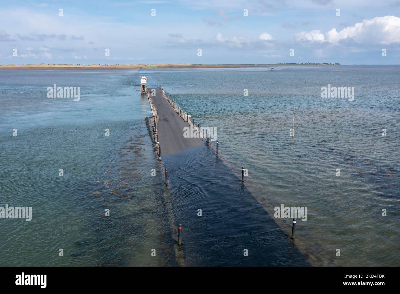 holy island causeway and refuge from above road approaching high tide daytime no people Stock Photo