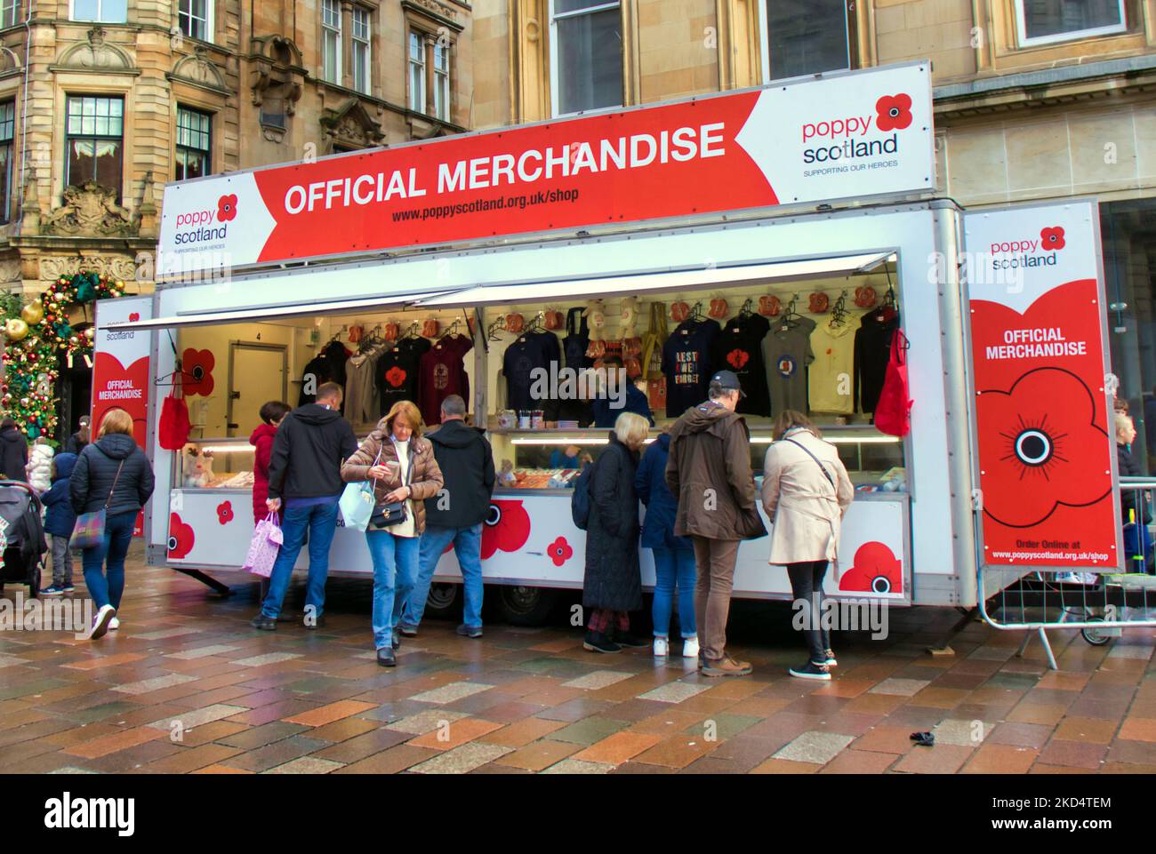 Glasgow, Scotland, UK 5th November, 2022.  Poppy Scotland on the style mile of Scottish shopping  that is Buchanan street  collecting and selling from their mobile shop while the garden of remembrance beside the cenotaph in George square has a stall and its van.. Credit Gerard Ferry/Alamy Live News Stock Photo