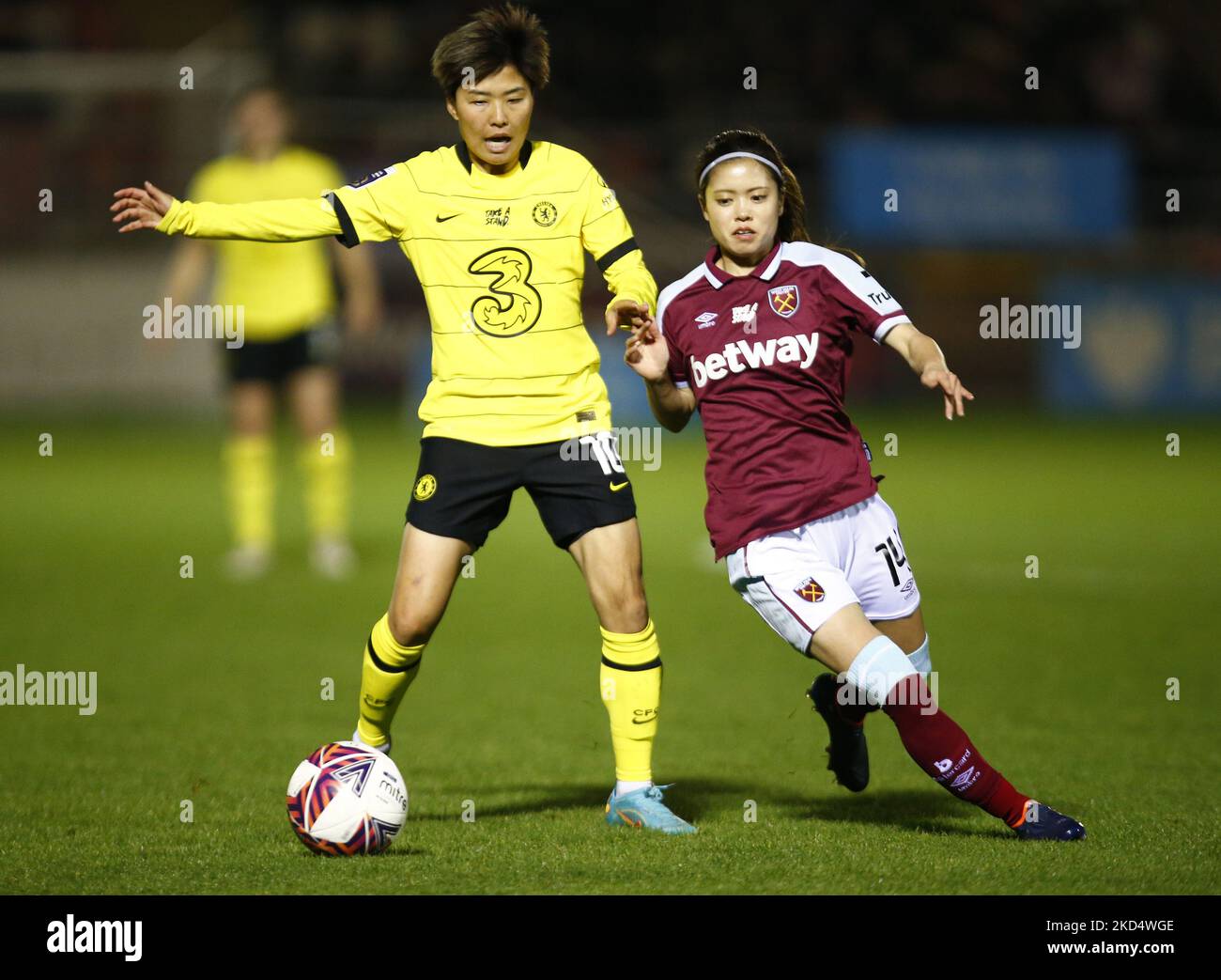 L-R Chelsea Women Ji So Yun and Yui Hasegawa of West Ham United WFC during Barclays FA Women's Super League match between West Ham United Women and Chelsea, at The Chigwell Construction Stadium on 10th March, 2022 in Dagenham, England (Photo by Action Foto Sport/NurPhoto) Stock Photo