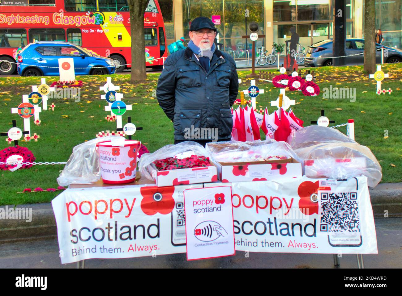 Glasgow, Scotland, UK 5th November, 2022.  Poppy Scotland on the style mile of Scottish shopping  that is Buchanan street  collecting and selling from their mobile shop while the garden of remembrance beside the cenotaph in George square has a stall and its van.. Credit Gerard Ferry/Alamy Live News Stock Photo