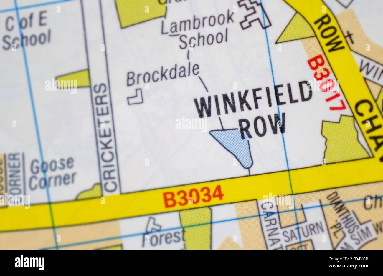 Winkfield Row village - Berkshire, United Kingdom colour atlas map town name Stock Photo