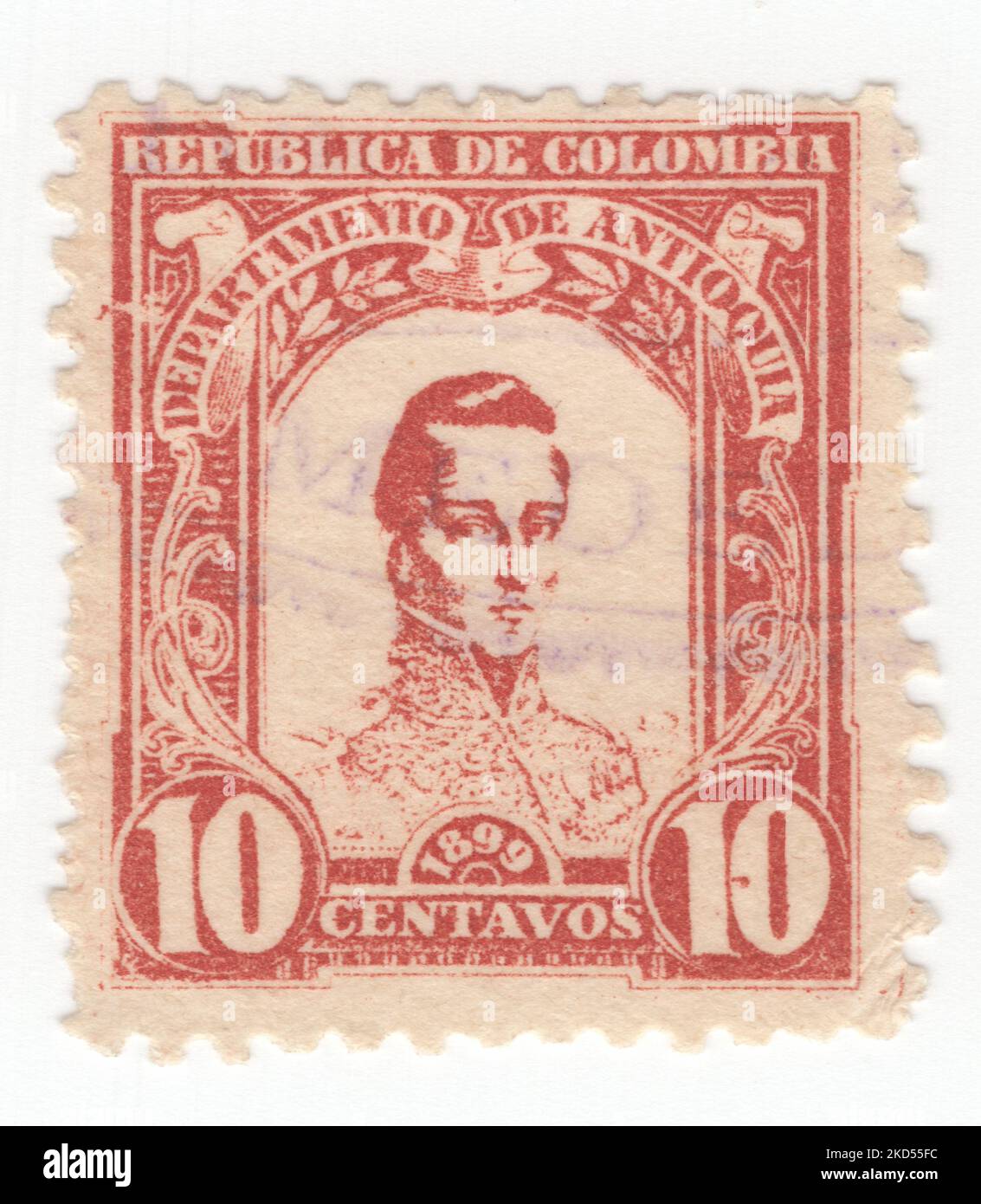 ANTIOQUIA - CIRCA 1899: An 10 centavos scarlet postage stamp, showing a portrait of General Jose Marıa Cordoba Muñoz, also known as the 'Hero of Ayacucho', was a General of the Colombian army during the Independence War of Colombia, Peru, and Bolivia from Spain Stock Photo
