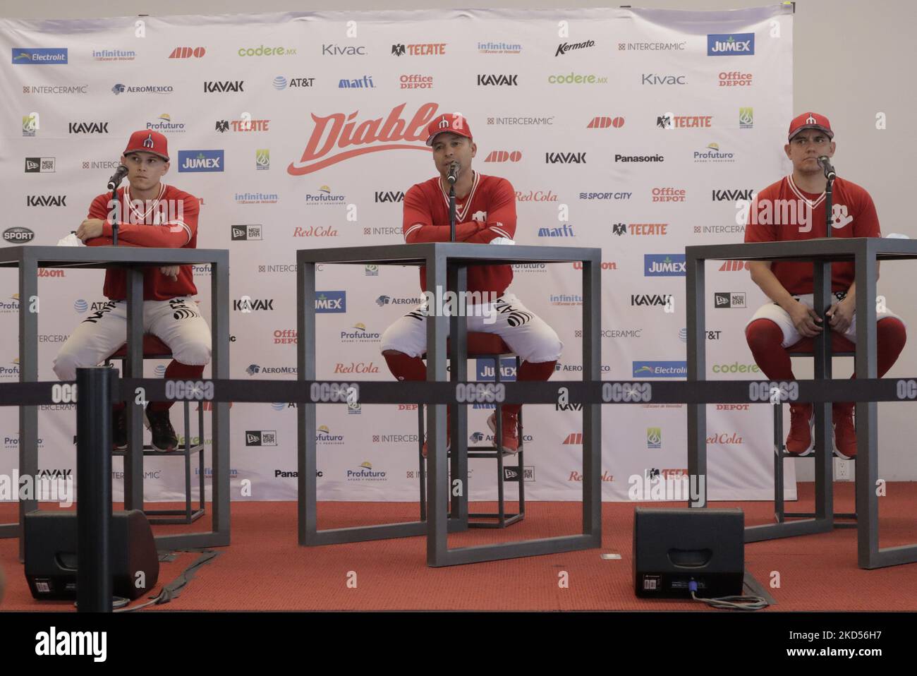 From left to right, Jesús Fabela, Juan Gabriel Castro, and Arturo López, members of the Diablos Rojos del México team, during a press conference on the occasion of their training session and the start of the 2022 preseason at the Alfredo Harp Helú Stadium in Mexico City. On this first day of practice, there were 20 outfielders and 25 pitchers, and the team is awaiting the report of the cannonballers Japhet Amador and the American reinforcement, Justin Bour. (Photo by Gerardo Vieyra/NurPhoto) Stock Photo