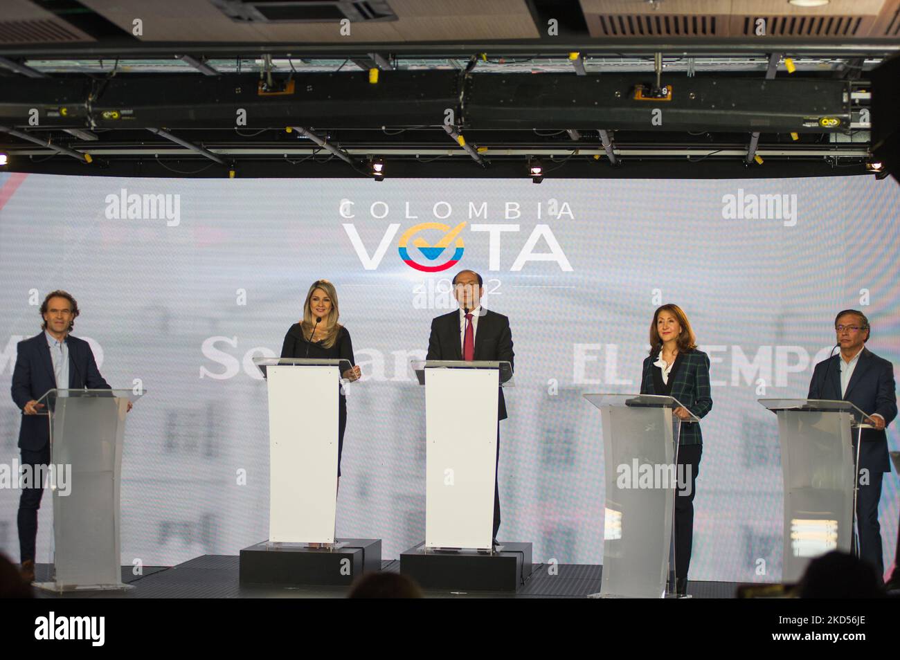 Colombian presidential candidates center-right Federico Gutierrez (Left), centrist Ingrid Betancourt (Second Right) and leftist Gustavo Petro (Right) during the first debate after the preliminary elections in Bogota, Colombia, on March 14, 2022. Petro, from the leftist coalition 'Pacto Historico' won the most votes during the preliminary consultation during the congressional elections. (Photo by Sebastian Barros/NurPhoto) Stock Photo