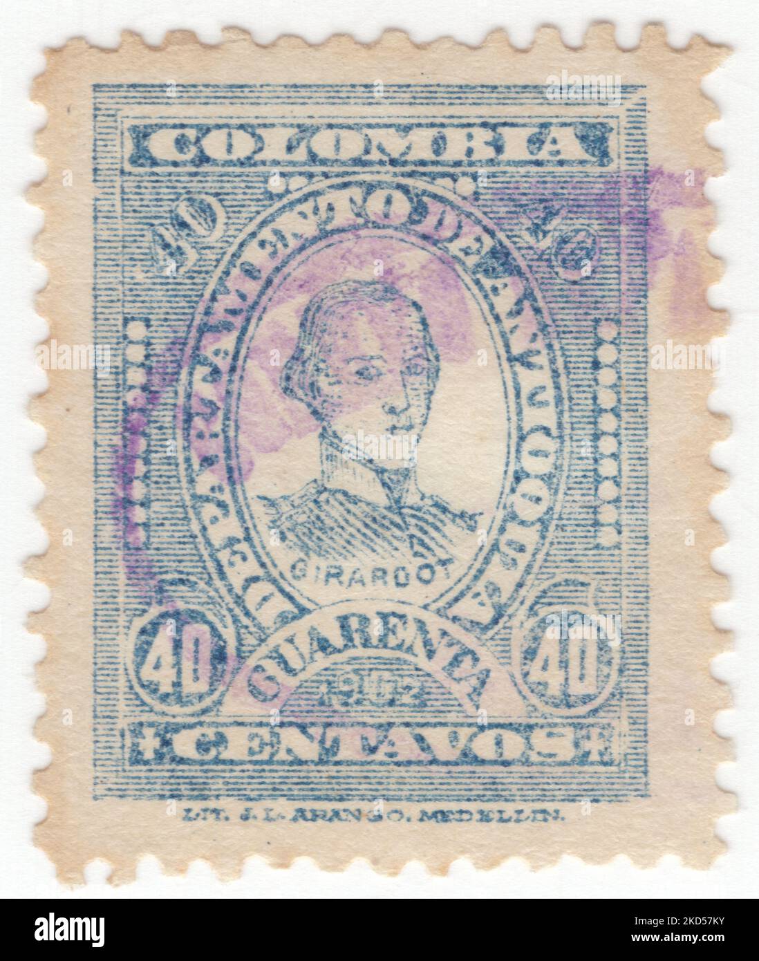 ANTIOQUIA - 1902: An 40 centavos blue postage stamp, showing a portrait of Manuel Atanasio Girardot Díaz, Colombian revolutionary leader. Son of Louis Girardot, wealthy merchant and French miner, Girardot fought with Simón Bolívar in the Campaña Admirable and other battles. He died during the Battle of Bárbula, trying to plant the republican flag on Bárbula Hill Stock Photo