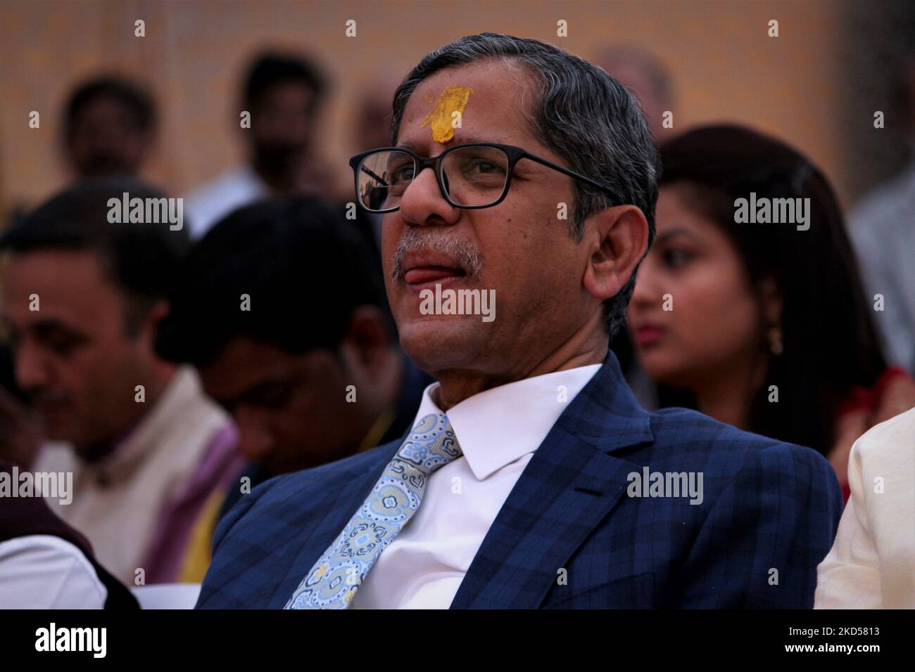 Chief Justice of India N. V. Ramana attends an event organised by Supreme Court Bar Association for celebration of Holi in New Delhi, India on March 15, 2022. (Photo by Mayank Makhija/NurPhoto) Stock Photo
