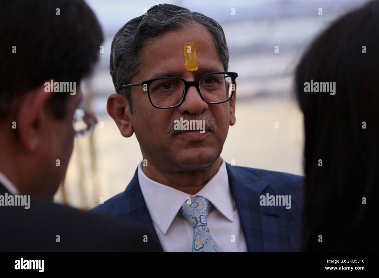 Chief Justice of India N. V. Ramana attends an event organised by Supreme Court Bar Association for celebration of Holi in New Delhi, India on March 15, 2022. (Photo by Mayank Makhija/NurPhoto) Stock Photo