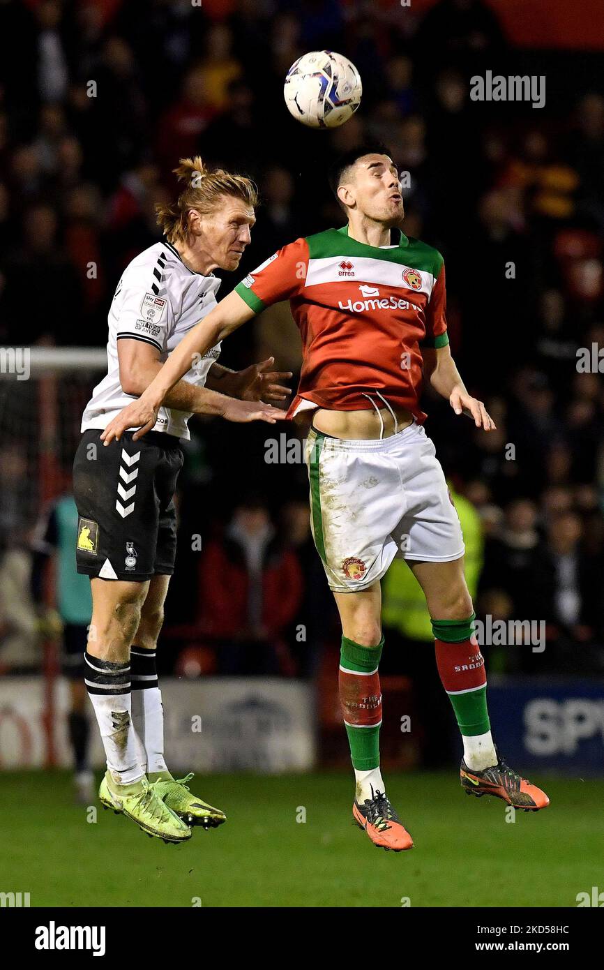 Oldham Athletic's Carl Piergianni tussles with Conor Wilkinson of Walsall Football Club during the Sky Bet League 2 match between Walsall and Oldham Athletic at the Banks's Stadium, Walsall on Tuesday 15th March 2022. (Photo by Eddie Garvey/MI News/NurPhoto) Stock Photo