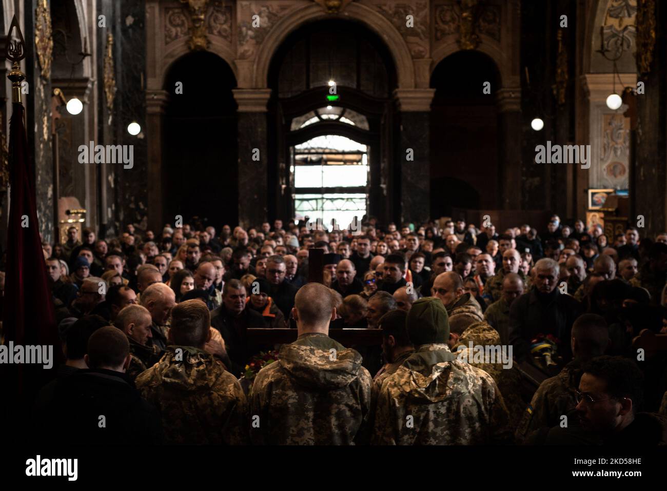 Funeral of 4 of the 35 victims of the russian missile attack on the Yavoriv Military Base ocurred last Sunday 13th, in Lviv, Ukraine, on March 15, 2022. Around 30 missiles launched on the Black Sea were partially intercepted by the Ukrainian defeses, but 9 of them hit the Yavoriv base, about 20 km from the Polish border and which in February received NATO troops. 35 soldiers died in the attack, and 135 were wounded (Photo by Gustavo Basso/NurPhoto) Stock Photo