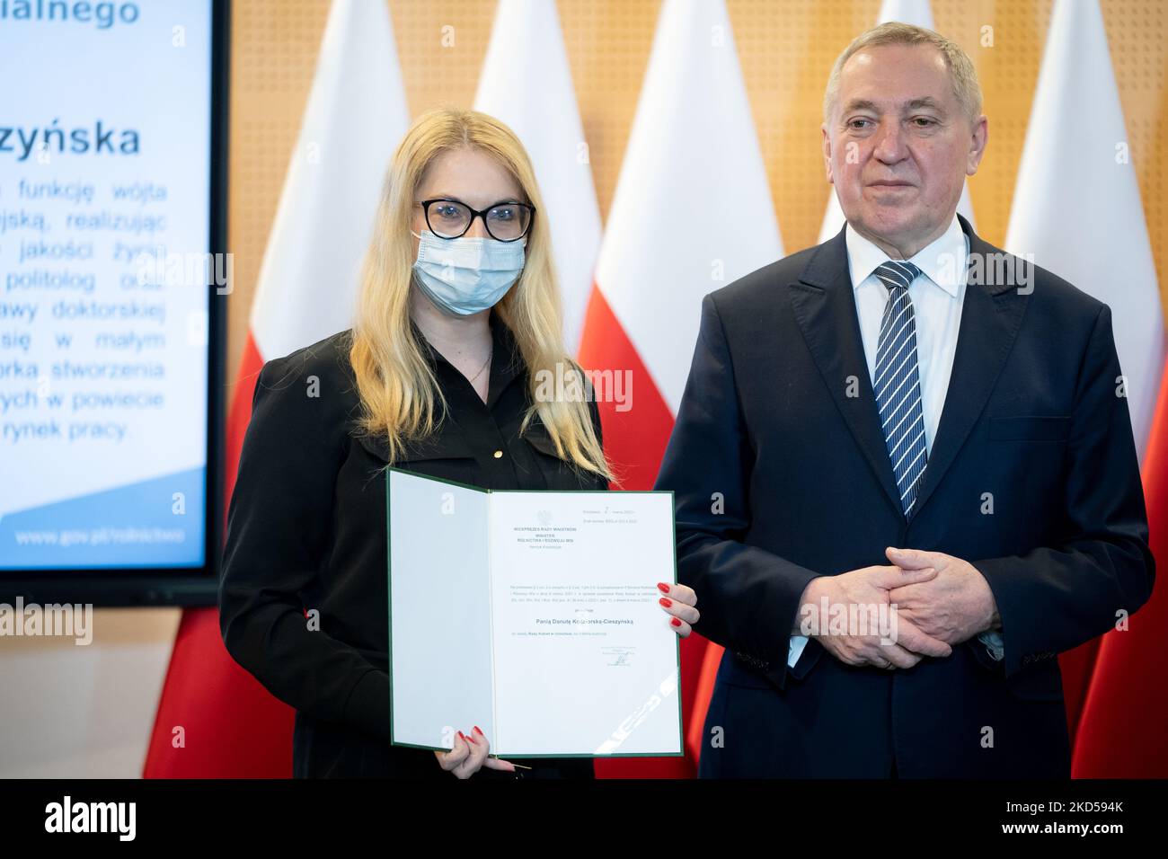 Polish Deputy Prime Minister Henryk Kowalczyk and Teresa Halas during the inauguration of the Women's Council in Agriculture, in Warsaw, Poland on 8 March 2022 (Photo by Mateusz Wlodarczyk/NurPhoto) Stock Photo