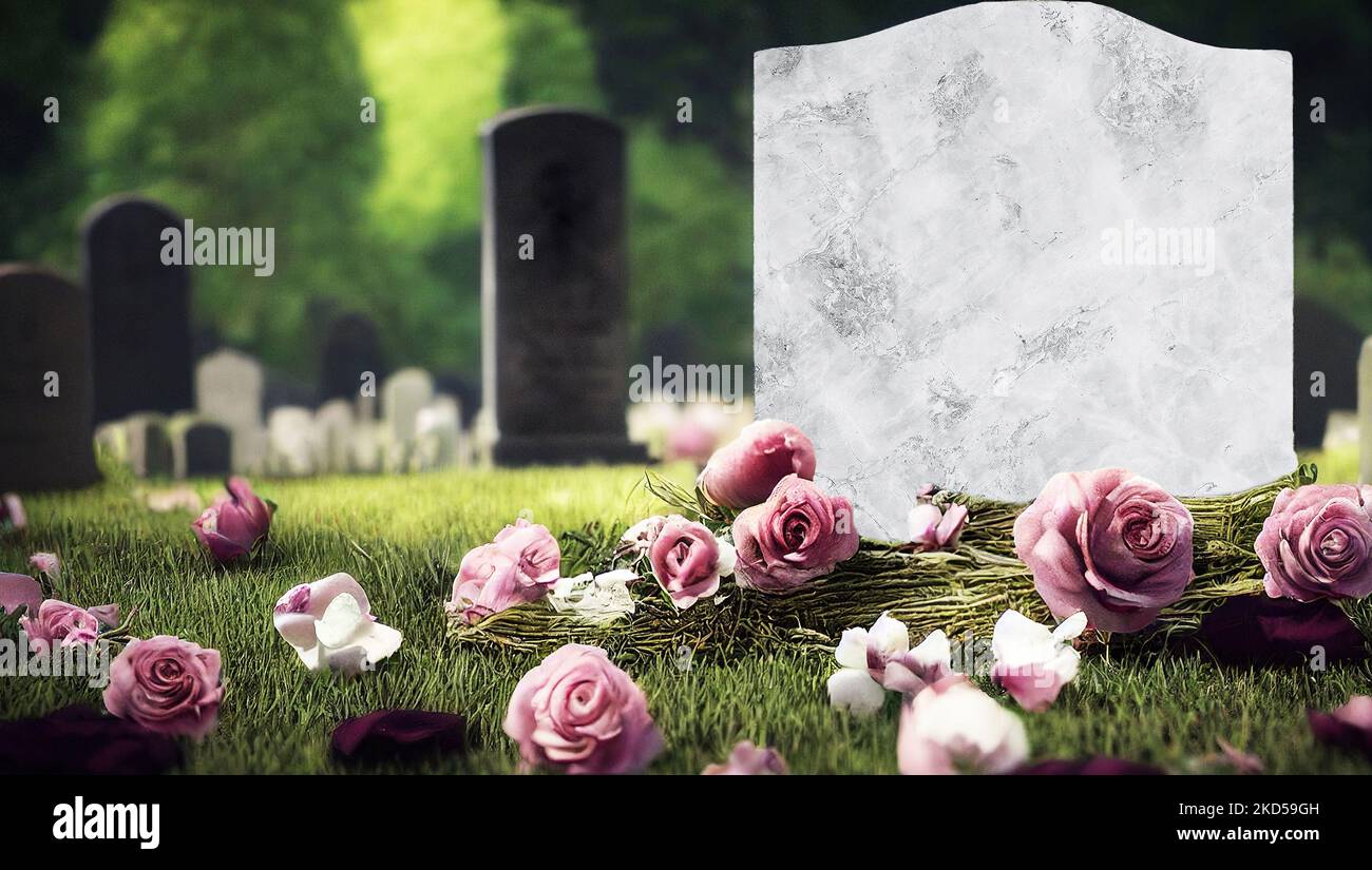 A white marble gravestone with pink roses on the ground in a graveyard
