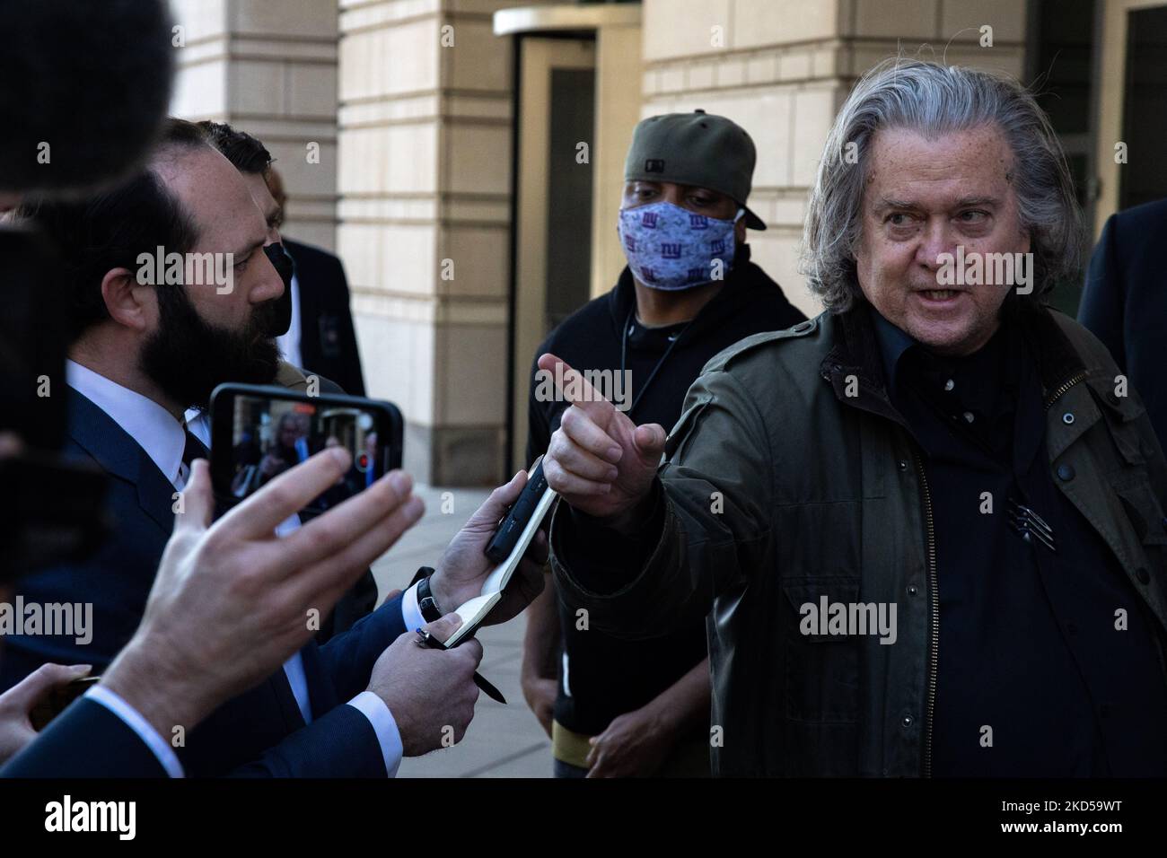 Former Trump strategist Steve Bannon speaks to media outside of the E. Barrett Prettyman United States Federal Courthouse in Washington, D.C. on March 16, 2022 after appearing for arguments related to the Justice Department's handling of the House committee investigation the January 6, 2021 U.S. Capitol riots (Photo by Bryan Olin Dozier/NurPhoto) Stock Photo