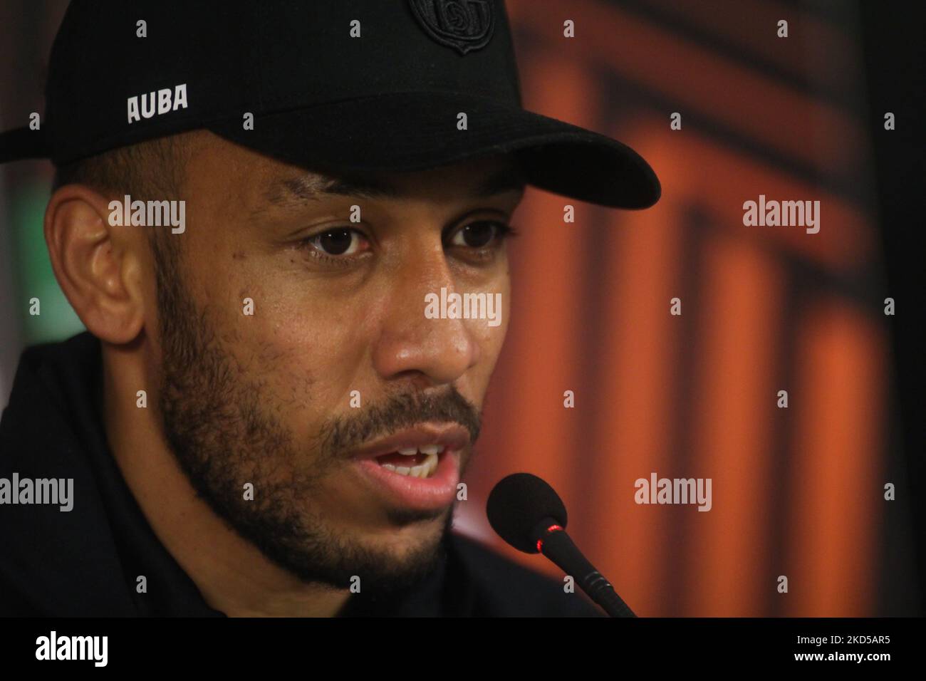 Pierre Emerick Aubameyang speaking during Barcelona's press conference before the Europe League match against Galatasaray at NEF stadium, in Istanbul, Turkey, on March 16, 2022. (Photo by Ahmad Mora/NurPhoto) Stock Photo