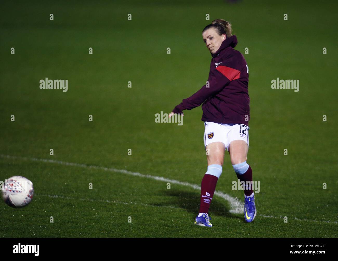 Kate Longhurst of West Ham United WFC during the pre-match warm-up during Barclays FA Women's Super League match between West Ham United Women and Manchester United, at The Chigwell Construction Stadium on 16th March, 2022 in Dagenham, England (Photo by Action Foto Sport/NurPhoto) Stock Photo