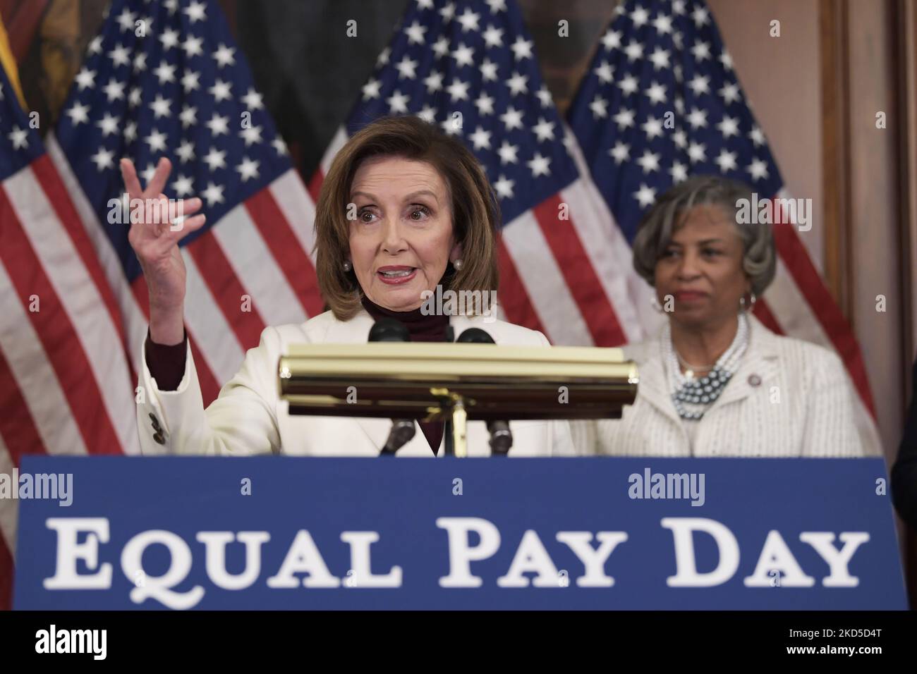 House Speaker Nancy Pelosi(D-CA) alongside House Democratic Womens caucus speaks about Jobs and global economic during an Equal Pay Day press event, today on march 15, 2022 at Rayburn Room/Capitol Hill in Washington DC, USA. (Photo by Lenin Nolly/NurPhoto) Stock Photo
