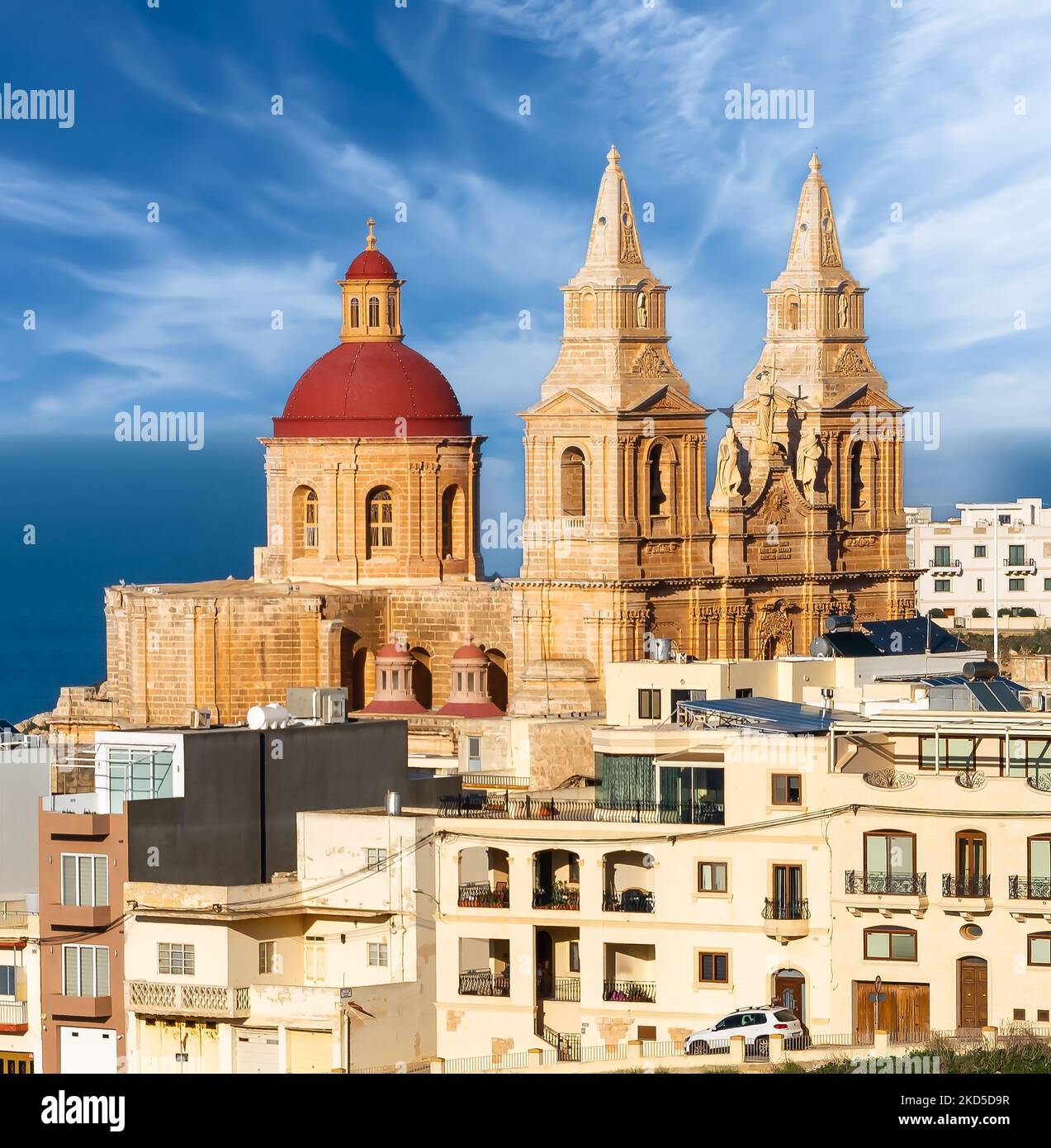 Landscape with  Mellieha Parish Church. Malta country Stock Photo