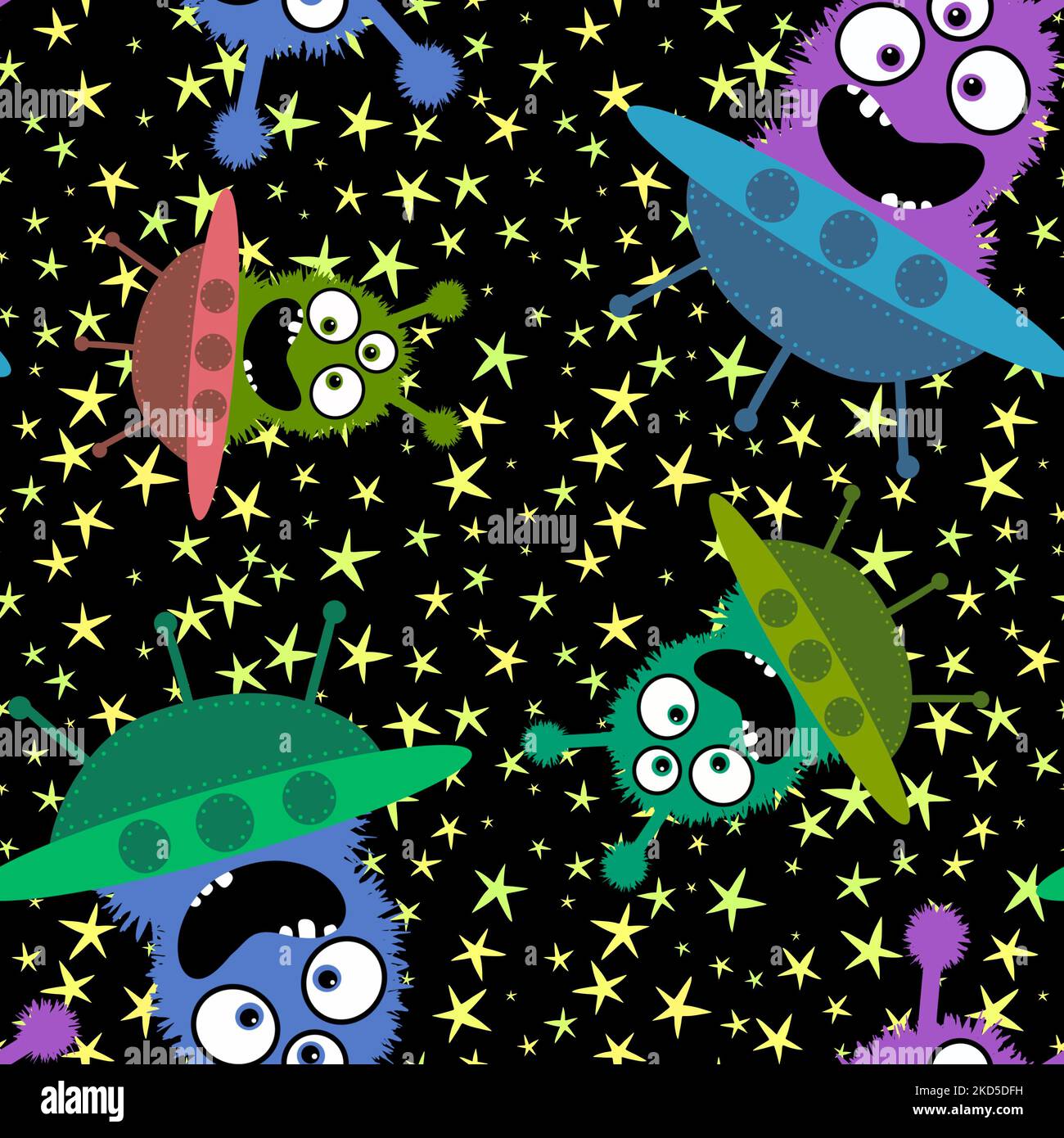 Cartoon aliens monsters seamless spaceship and stars pattern for ...