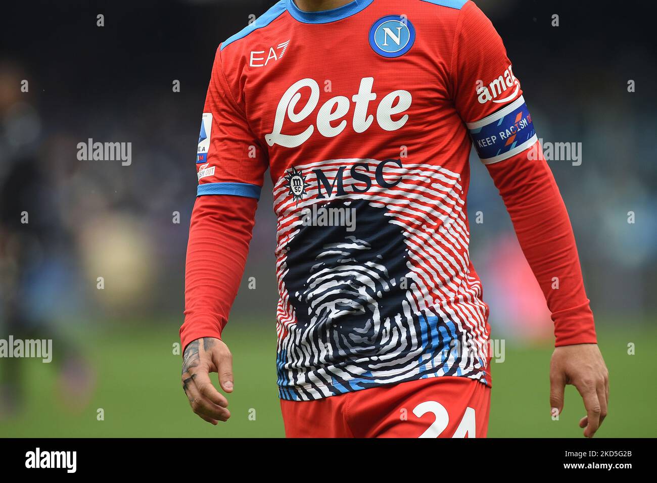 Close Up of SSC Napoli Shirt during the Serie A match between SSC Napoli and Udinese Calcio at Stadio Diego Armando Maradona Naples Italy on 19 March 2022. (Photo by Franco Romano/NurPhoto) Stock Photo