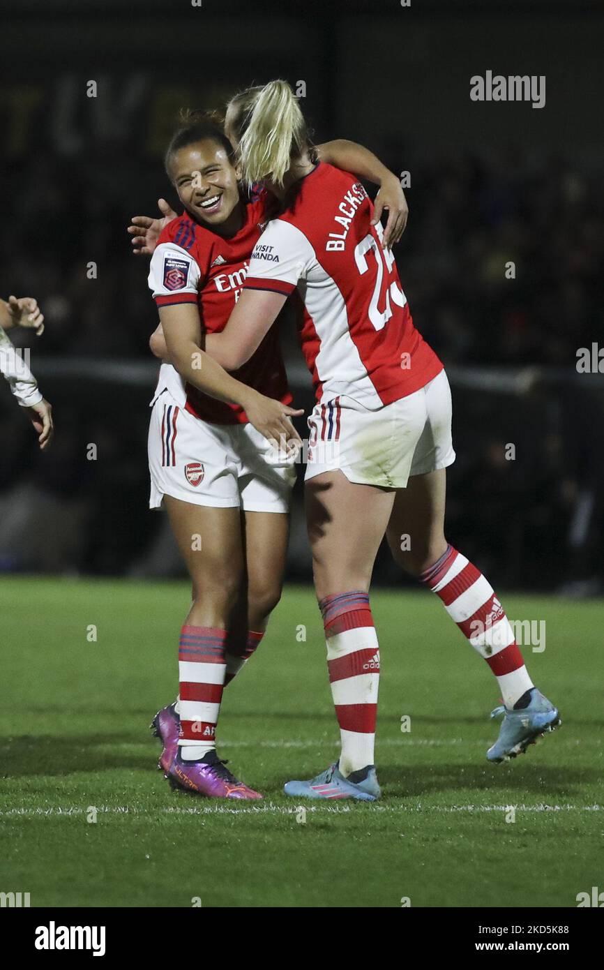 Stina Blackstenius embraces with team mate Nikita Parris of Arsenal after scoring during the Vitality Women's FA Cup match between Arsenal and Coventry United at Meadow Park, Borehamwood on Friday 18th March 2022. (Photo by Tom West/MI News/NurPhoto) Stock Photo