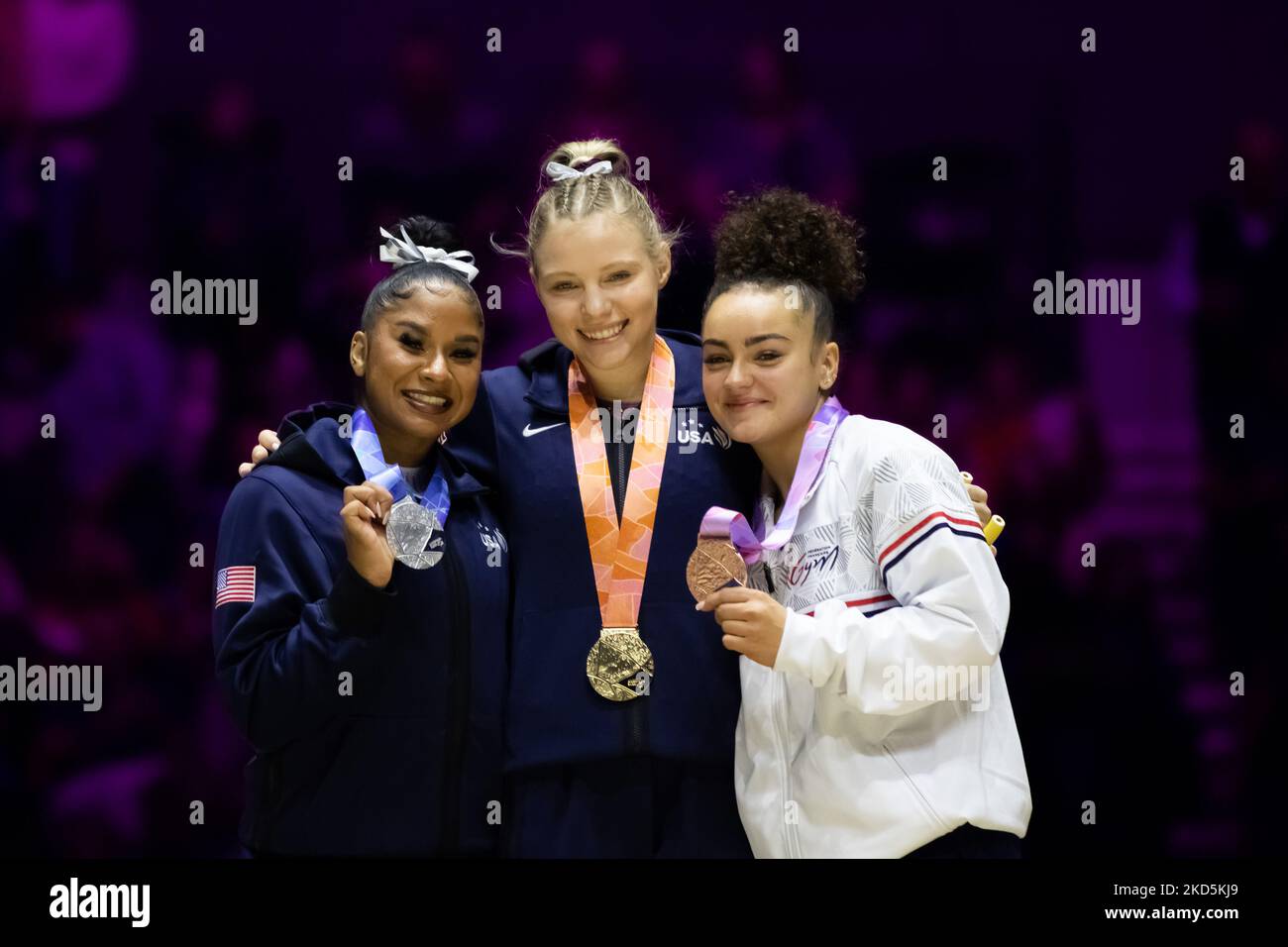Liverpool, UK. 05th Nov, 2022. Liverpool, England, November 5th 2022 Jordan Chiles (USA) (Silver - left), Jade Carey (USA) (Gold - centre) and Coline Devillard (FRA) (Bronze - right) during the medal ceremony of the Women's Vault Apparatus Finals at the FIG World Gymnastics Championships at the M&S Bank Arena in Liverpool, England Dan O' Connor (Dan O' Connor/SPP) Credit: SPP Sport Press Photo. /Alamy Live News Stock Photo