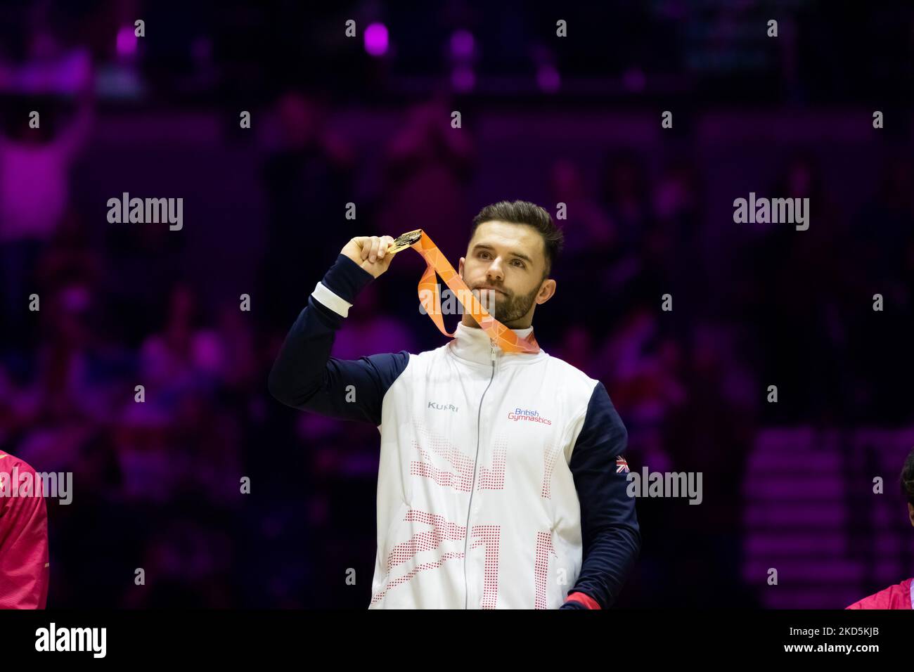 Liverpool, UK. 05th Nov, 2022. Liverpool, England, November 5th 2022 Giarnni Regini-Moran (GBR) (Gold) during the medal ceremony of the Floor Exercise Apparatus Finals at the FIG World Gymnastics Championships at the M&S Bank Arena in Liverpool, England Dan O' Connor (Dan O' Connor/SPP) Credit: SPP Sport Press Photo. /Alamy Live News Stock Photo