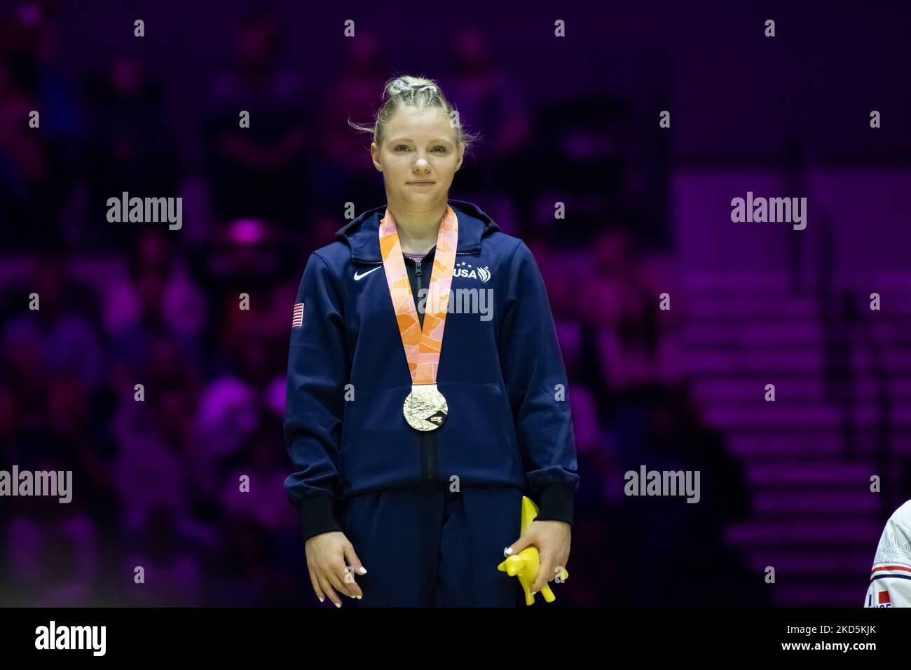 Liverpool, UK. 05th Nov, 2022. Liverpool, England, November 5th 2022 Jade Carey (USA) (Gold) during the medal ceremony of the Women's Final Apparatus Finals at the FIG World Gymnastics Championships at the M&S Bank Arena in Liverpool, England Dan O' Connor (Dan O' Connor/SPP) Credit: SPP Sport Press Photo. /Alamy Live News Stock Photo