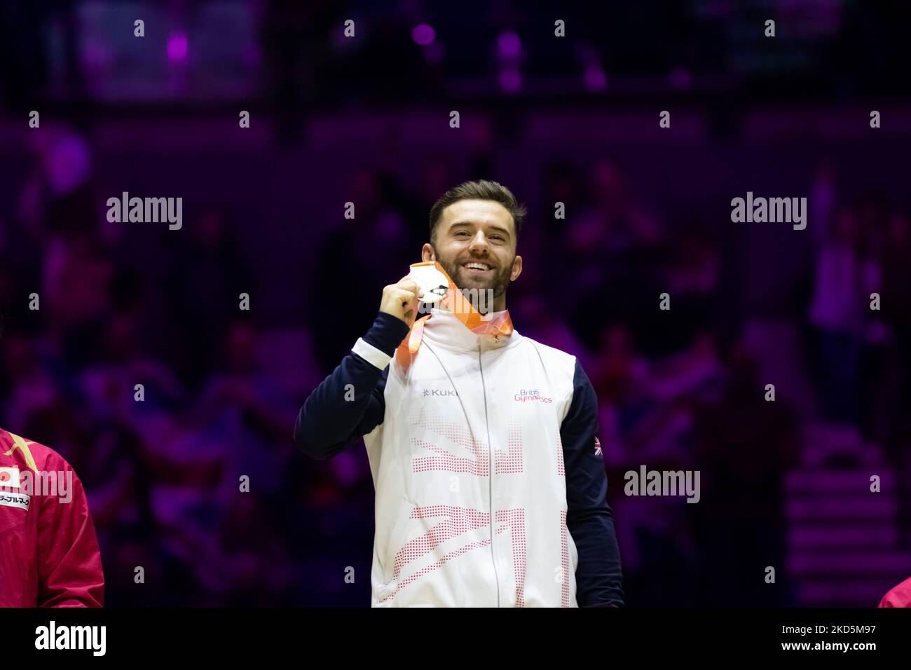 Liverpool, UK. 05th Nov, 2022. Liverpool, England, November 5th 2022 Giarnni Regini-Moran (GBR) (Gold) during the medal ceremony of the Floor Exercise Apparatus Finals at the FIG World Gymnastics Championships at the M&S Bank Arena in Liverpool, England Dan O' Connor (Dan O' Connor/SPP) Credit: SPP Sport Press Photo. /Alamy Live News Stock Photo