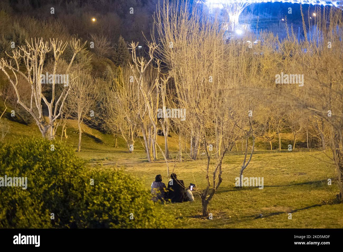 An Iranian couple sit in the Water and Fire Park in northern Tehran ...