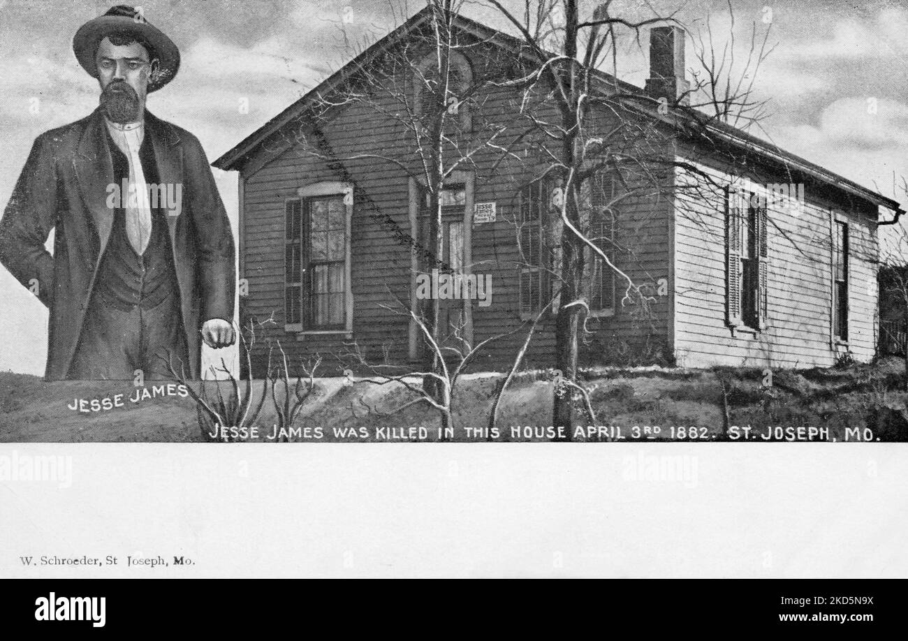 Jesse James and house he was killed in, St. Josph Missouri, c1907 postcard. Schroeder publ. Stock Photo