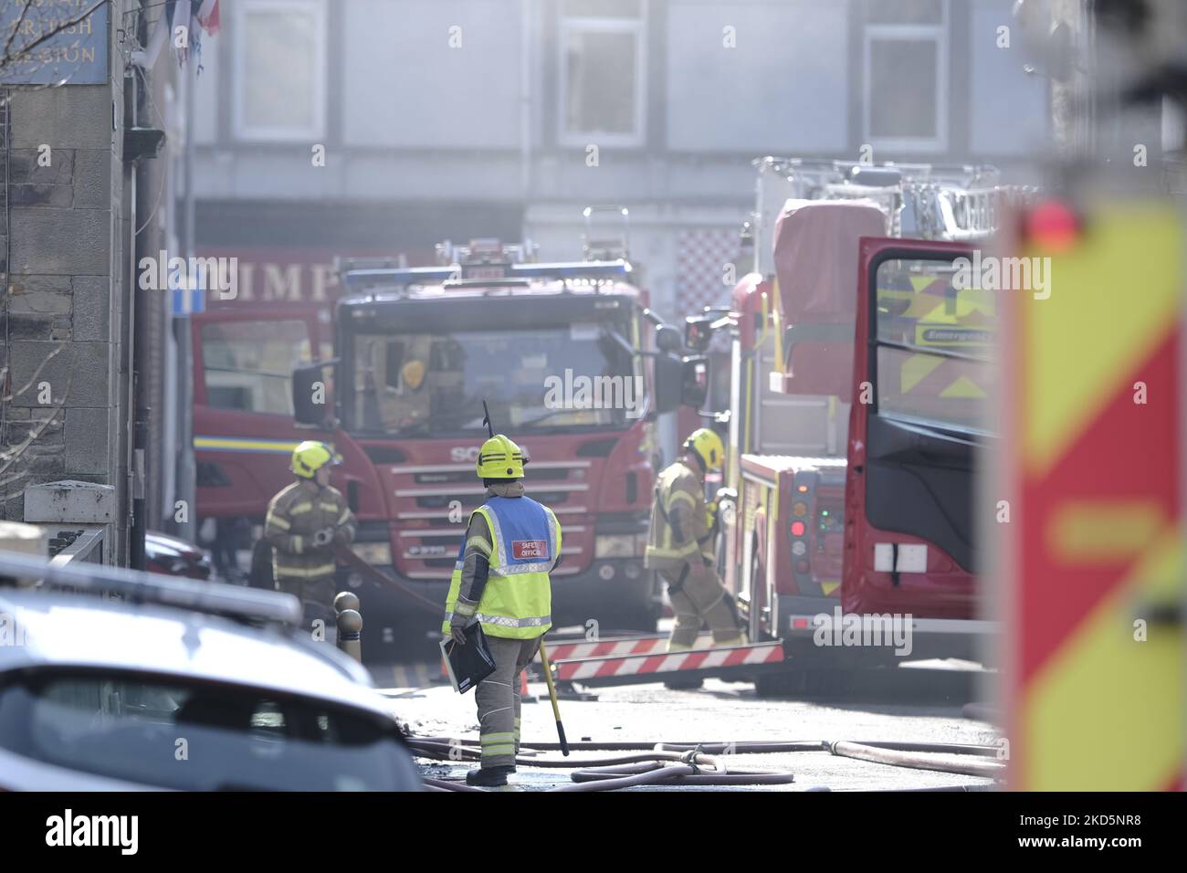 Firefighters attend a fire at the Royal British Legion in Park Street, Galashiels on Monday 21 March 2022. Fire Scotland attended with firefighters from four pumps and an elevated access platform to deal with the blaze in the 2 storey building in the centre of town (Photo by Rob Gray/NurPhoto) Stock Photo