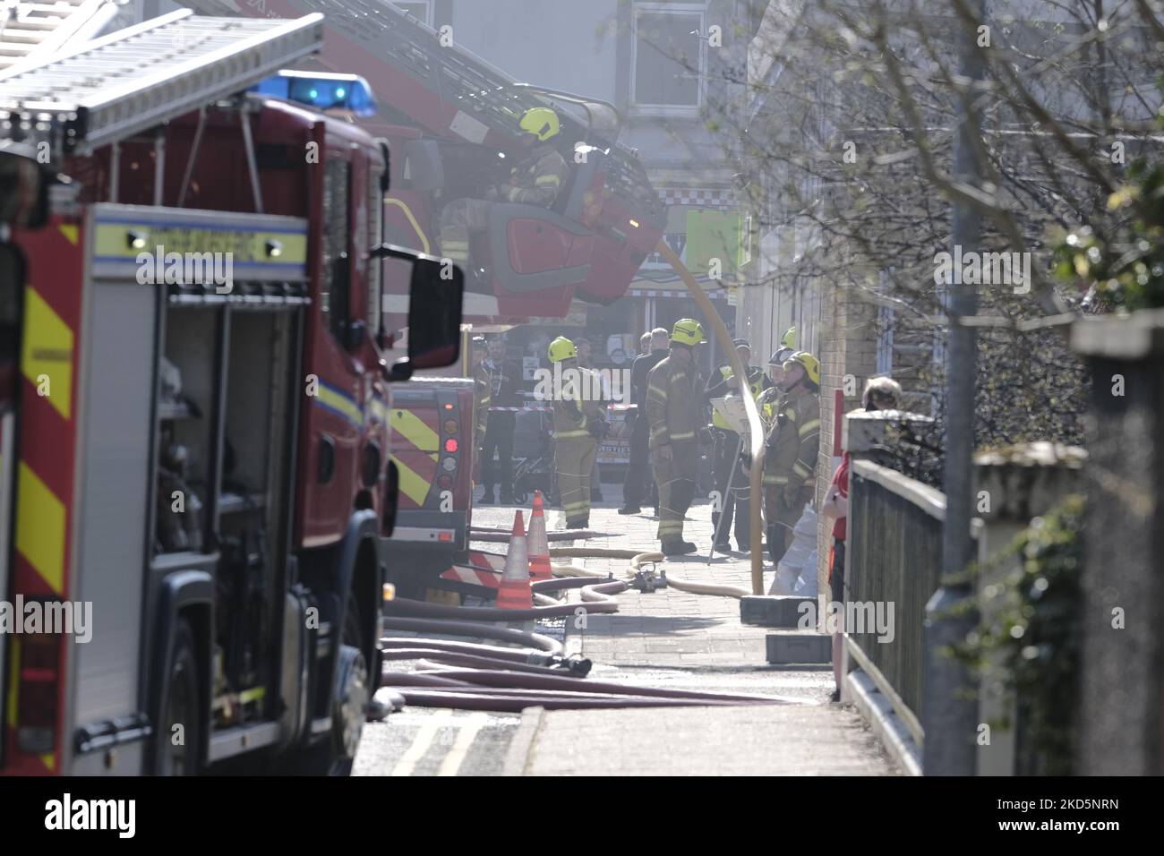 Firefighters attend a fire at the Royal British Legion in Park Street, Galashiels on Monday 21 March 2022. Fire Scotland attended with firefighters from four pumps and an elevated access platform to deal with the blaze in the 2 storey building in the centre of town (Photo by Rob Gray/NurPhoto) Stock Photo