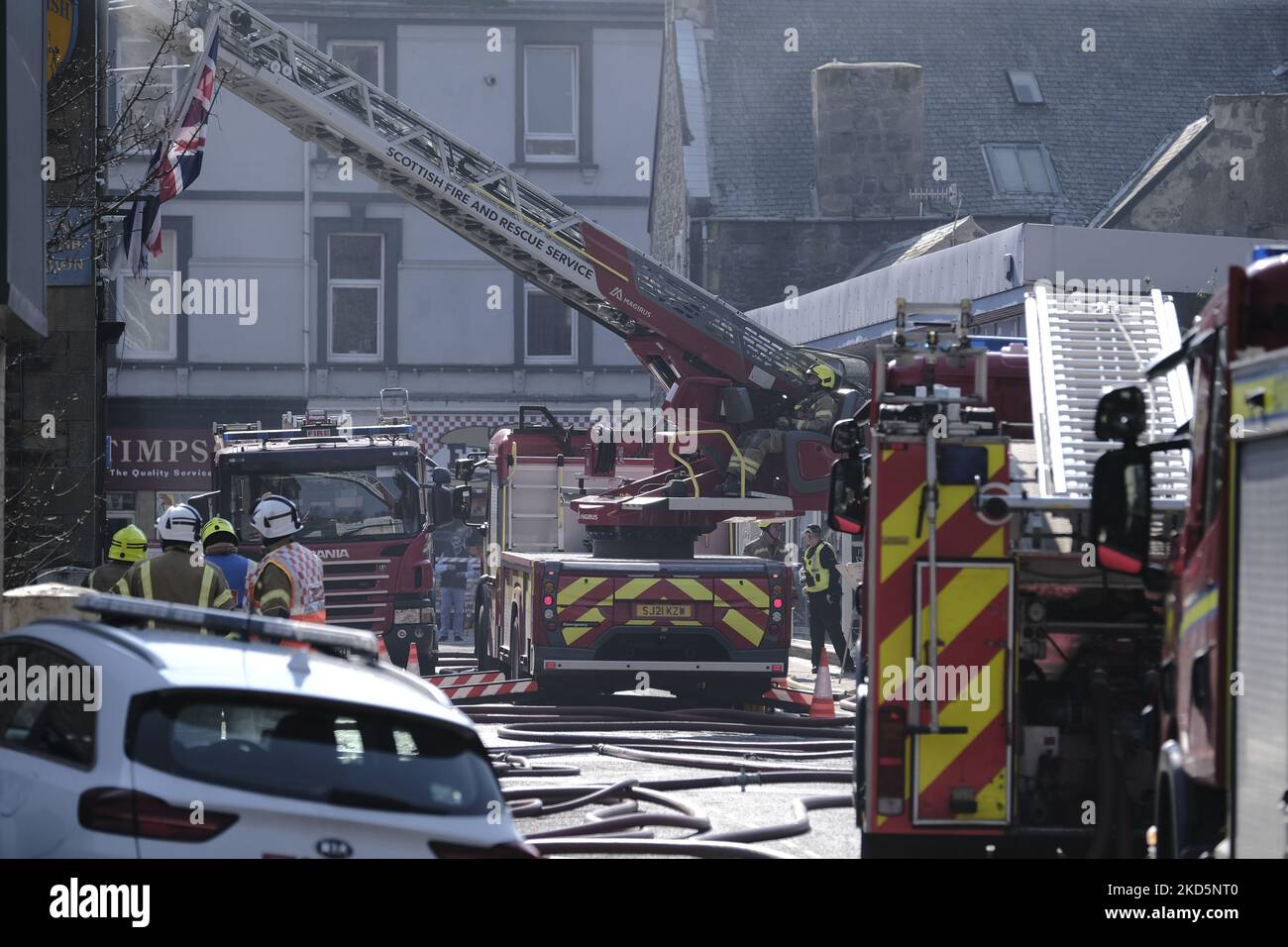 Firefighters attend a fire at the Royal British Legion in Park Street, Galashiels on Monday 21 March 2022. Fire Scotland attended with firefighters from four pumps and an elevated access platform to deal with the blaze in the 2 storey building in the centre of town (Photo by Rob Gray/NurPhoto) Stock Photo