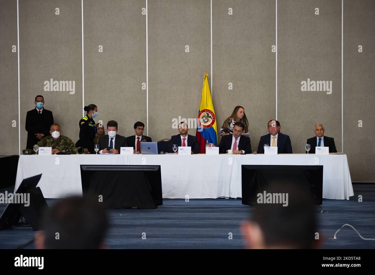 (Left to right) Army general Luis Fernando Navarro, Minister of Defense Diego Molano, Minister of the Interior Daniel Palacios and national registrar of Colombia Alexander Vega during a meeting of electoral guarantees where national registrar Alexander Vega opted not to do a new election count for the 2022 congressional elections, in Bogota, Colombia March 22, 2022. (Photo by Sebastian Barros/NurPhoto) Stock Photo