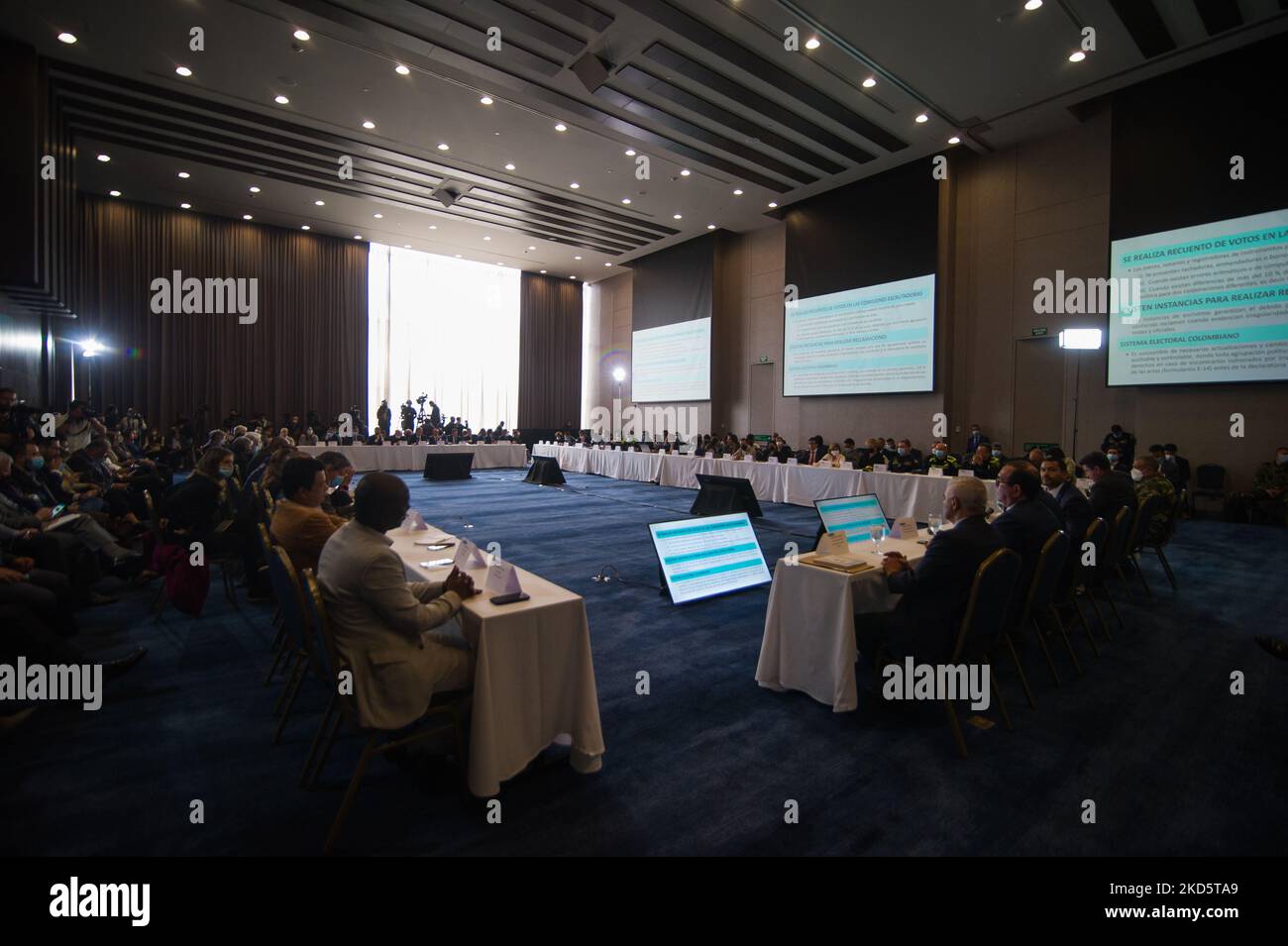 Political parties take part of the meeting of electoral guarantees where national registrar Alexander Vega opted not to do a new election count for the 2022 congressional elections, in Bogota, Colombia March 22, 2022. (Photo by Sebastian Barros/NurPhoto) Stock Photo