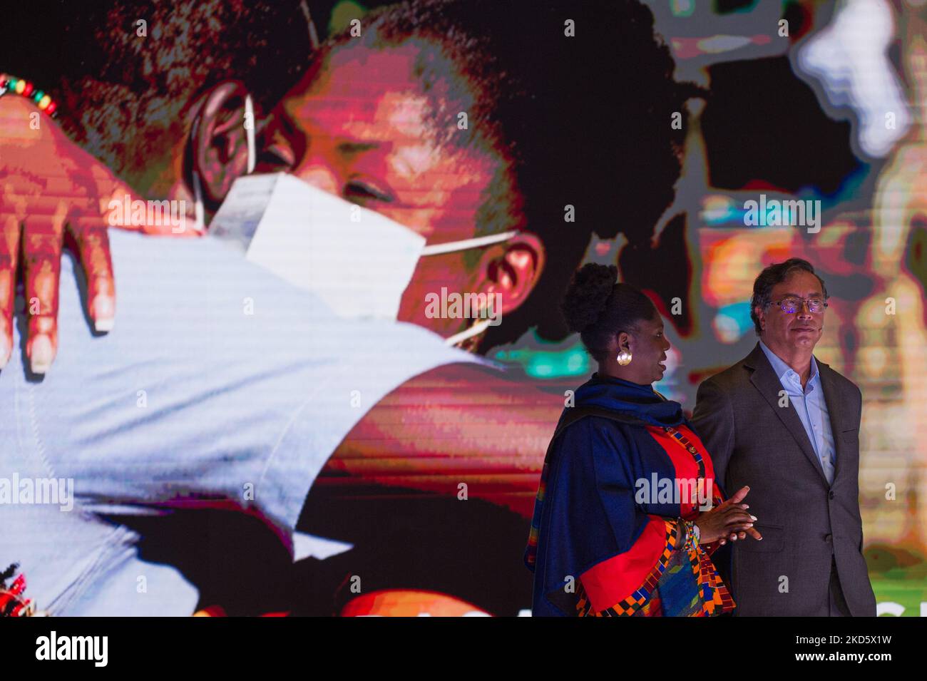 Colombian presidential candidate of the political alliance Pacto Historico, Gustavo Petro (Right), presents his running mate Francia Marquez (Left) for Colombia 2022 Presidential run in Bogota on March 23, 2022. (Photo by Sebastian Barros/NurPhoto) Stock Photo