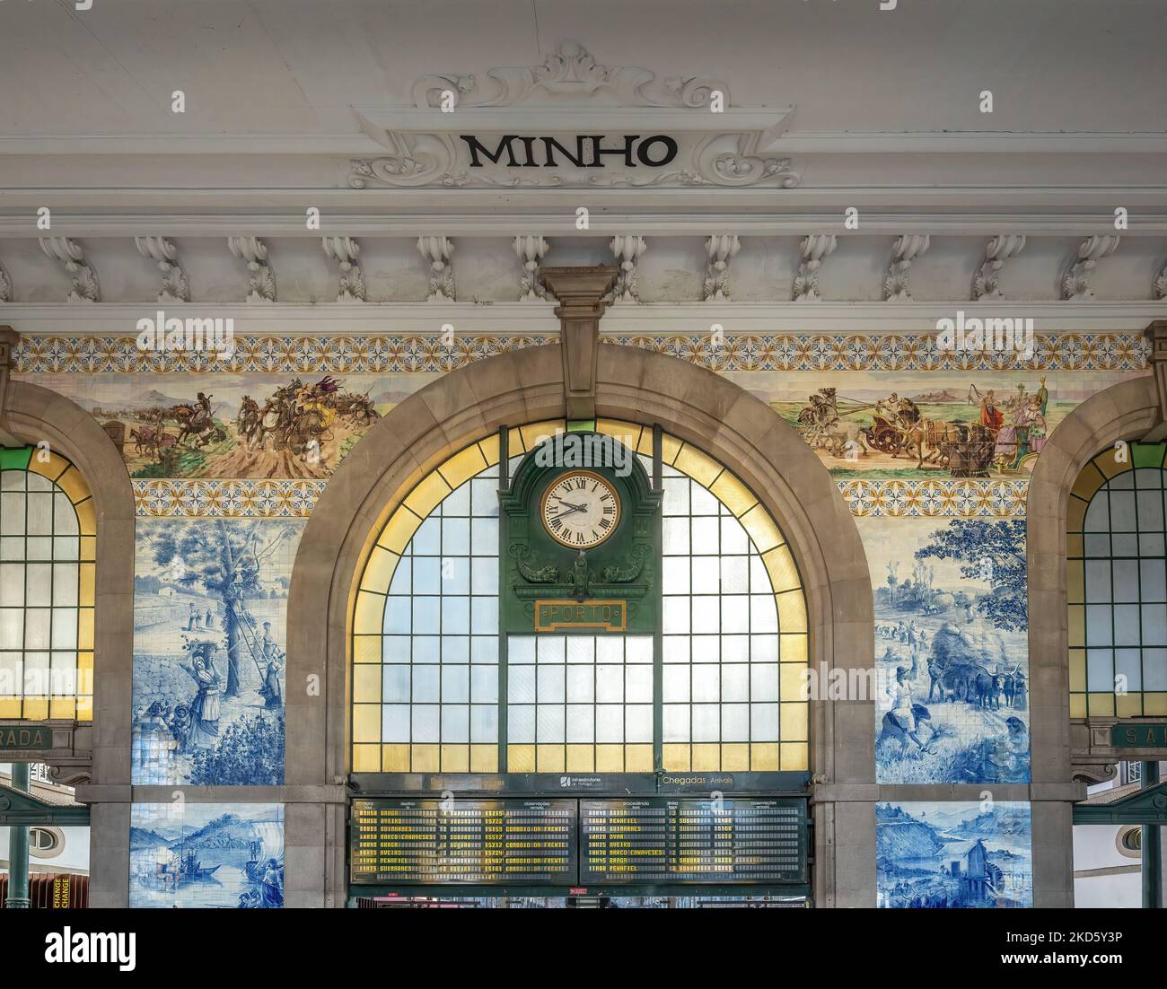 Clock at Interior of Sao Bento Railway Station Atrium - Porto, Portugal Stock Photo