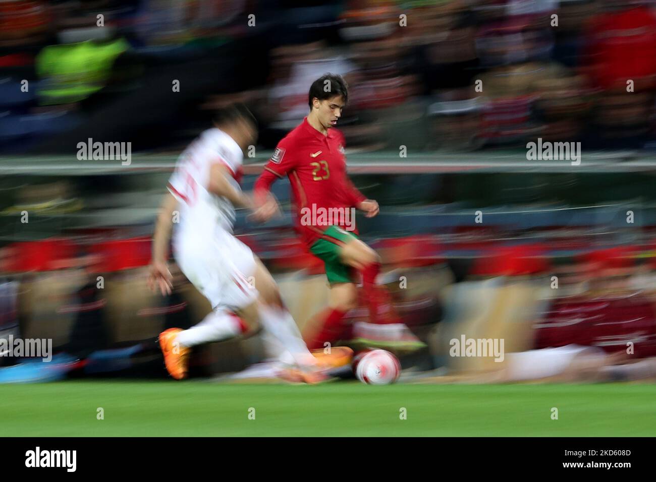 Portugal's forward Joao Felix in action during the 2022 FIFA World Cup Qualifier knockout round play-off football match between Portugal and Turkey at the Dragao stadium in Porto, Portugal, on March 24, 2022. (Photo by Pedro FiÃºza/NurPhoto) Stock Photo